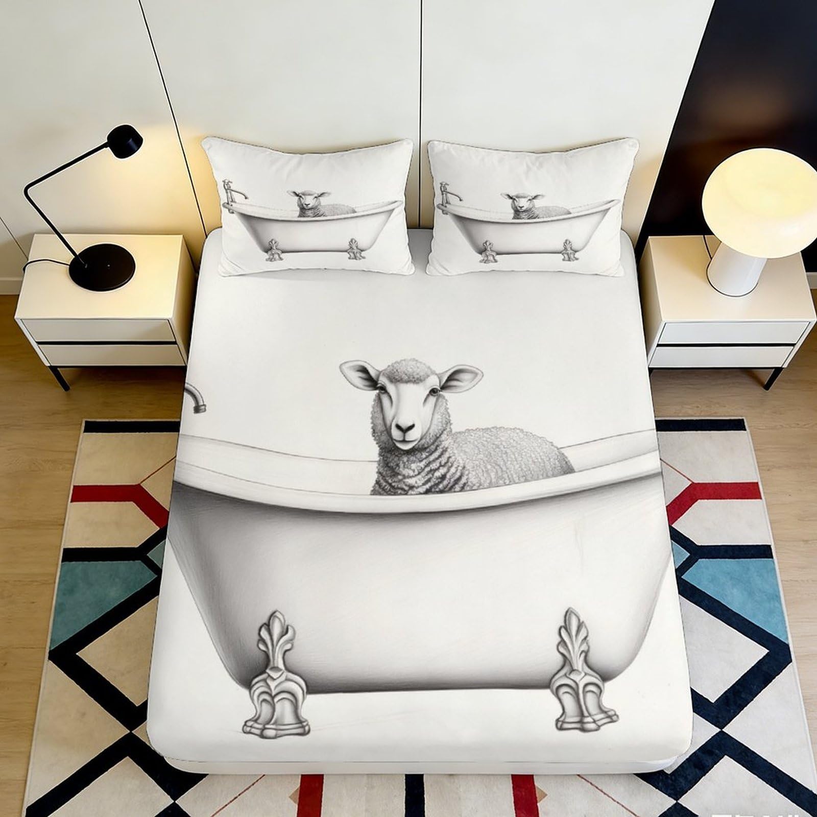 Uynsixtme Style-3 3D Printed Bathtub Sheep Fitted Sheet Microfiber Soft Bedroom Bedding Non-Slip Deep Pocket Bathtub Sheep Mattress Fitted Cover 90X200x25cm