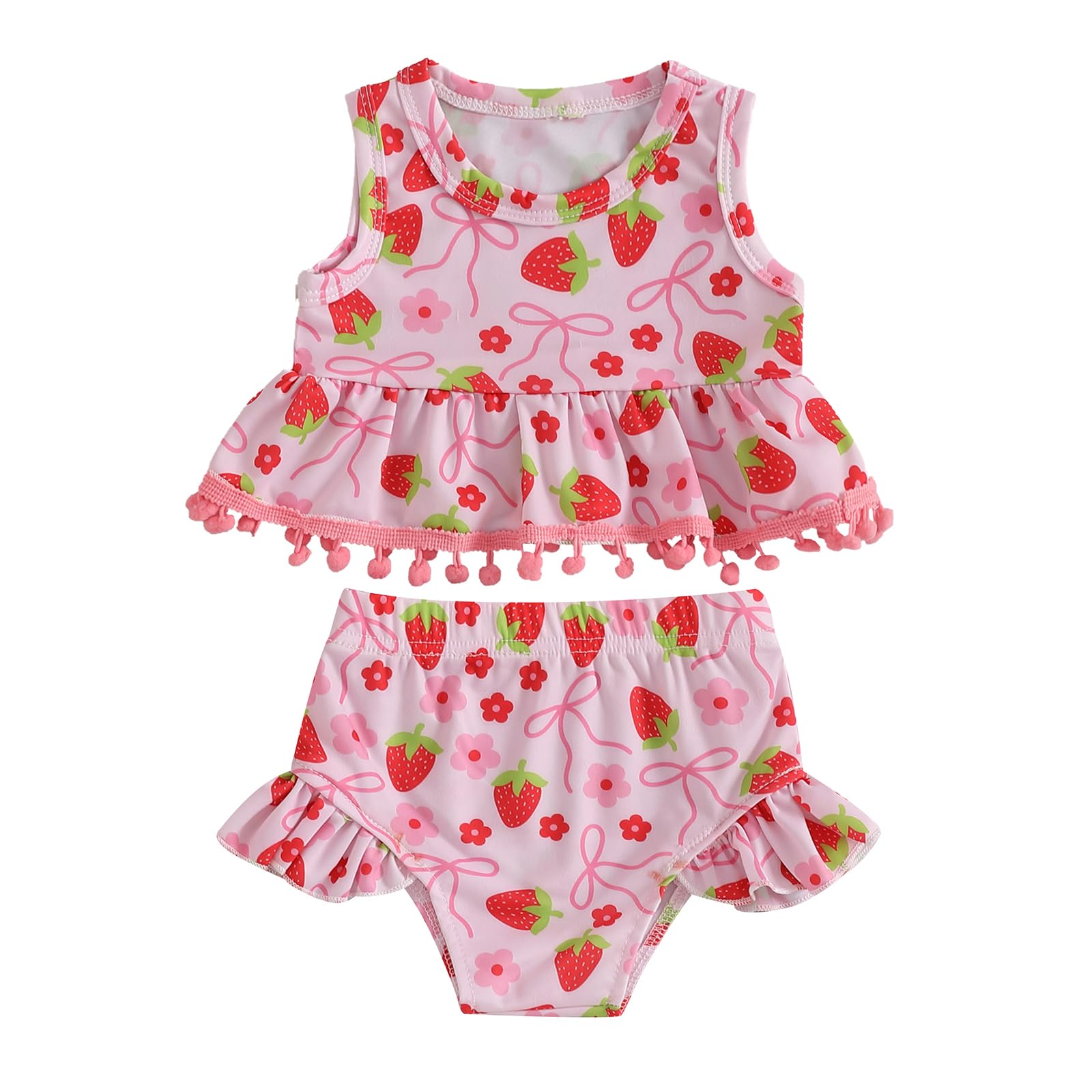 One opening Infant Baby Girl Swimsuit Two Piece Bathing Suit Straberry Print Tassle Bikini Tank Tops Shorts Beachwear Swimwear (Pink, 6-12 Months)
