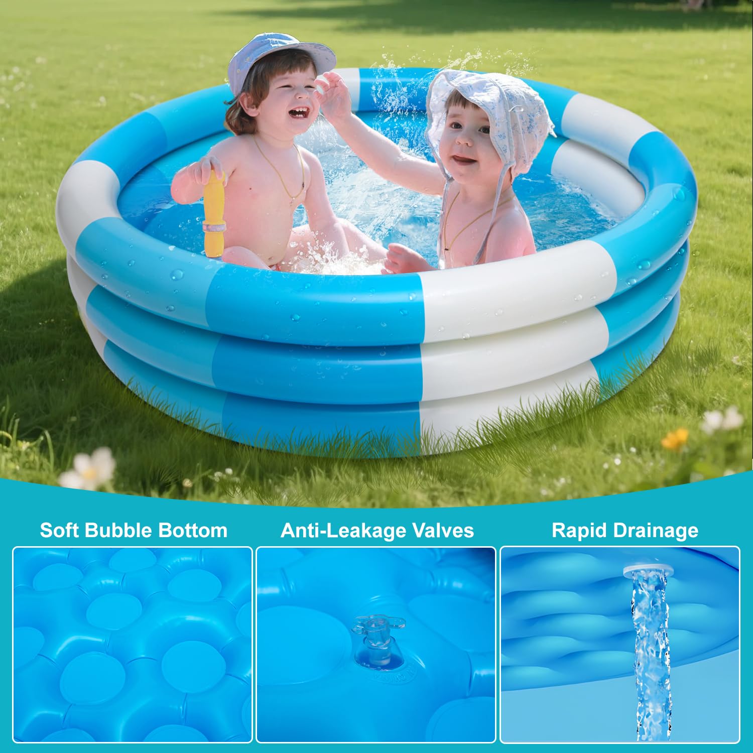 Aufblasbarer Pool für Kinder, 3 runde Ringe für Babys und Kinder, 1–3, tragbares Spielzeug für Kleinkinder, Wasserstreifen, für Sommer, Terrasse, Party, Geburtstagsgeschenke
