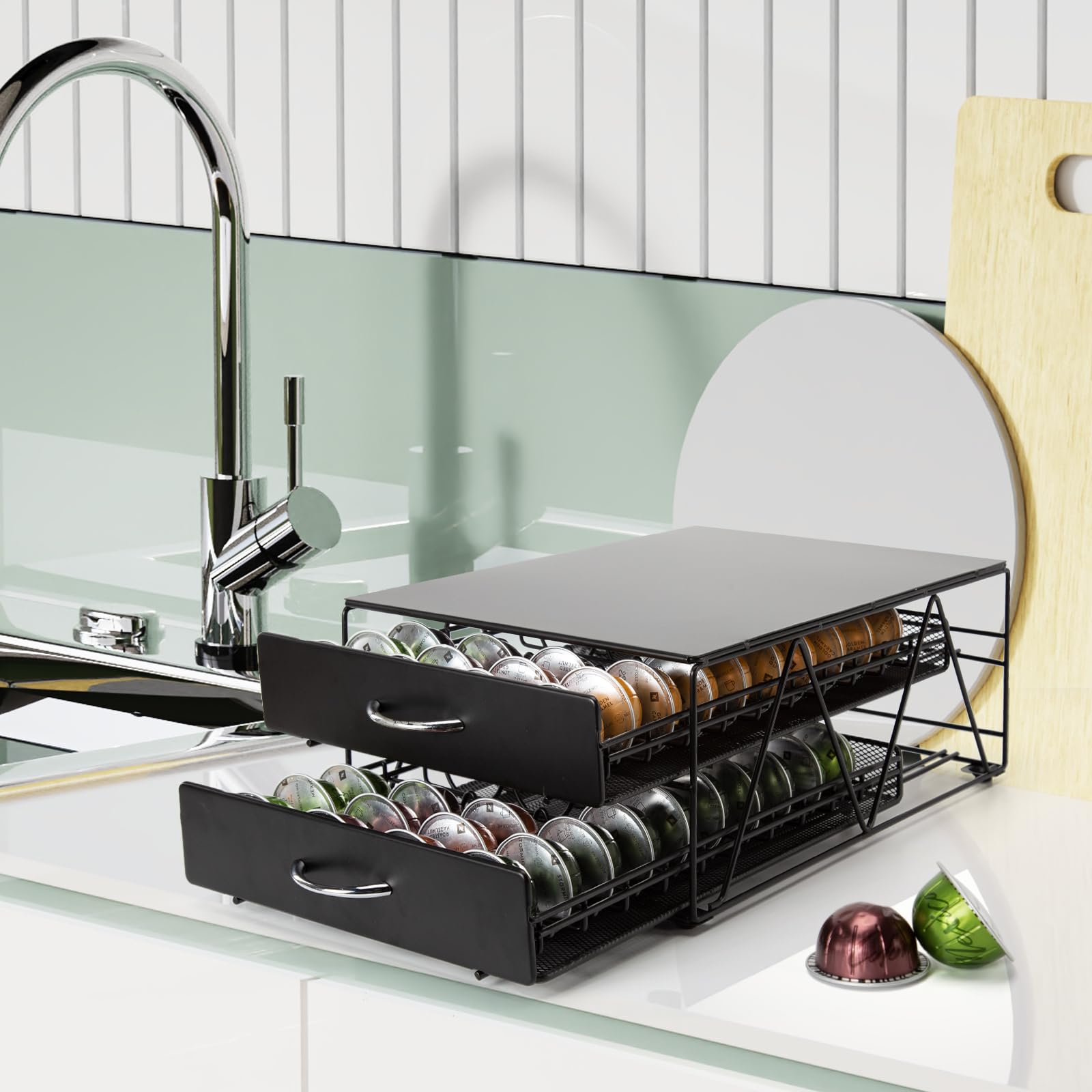 Porte Capsule pour 80 Vertuo Capsules, Support de Machine à Café avec 2 Tiroirs de Rangement Dosettes, Boite Range Dosettes Vertuo,Distributeur/Organisateur Capsules en Métal.