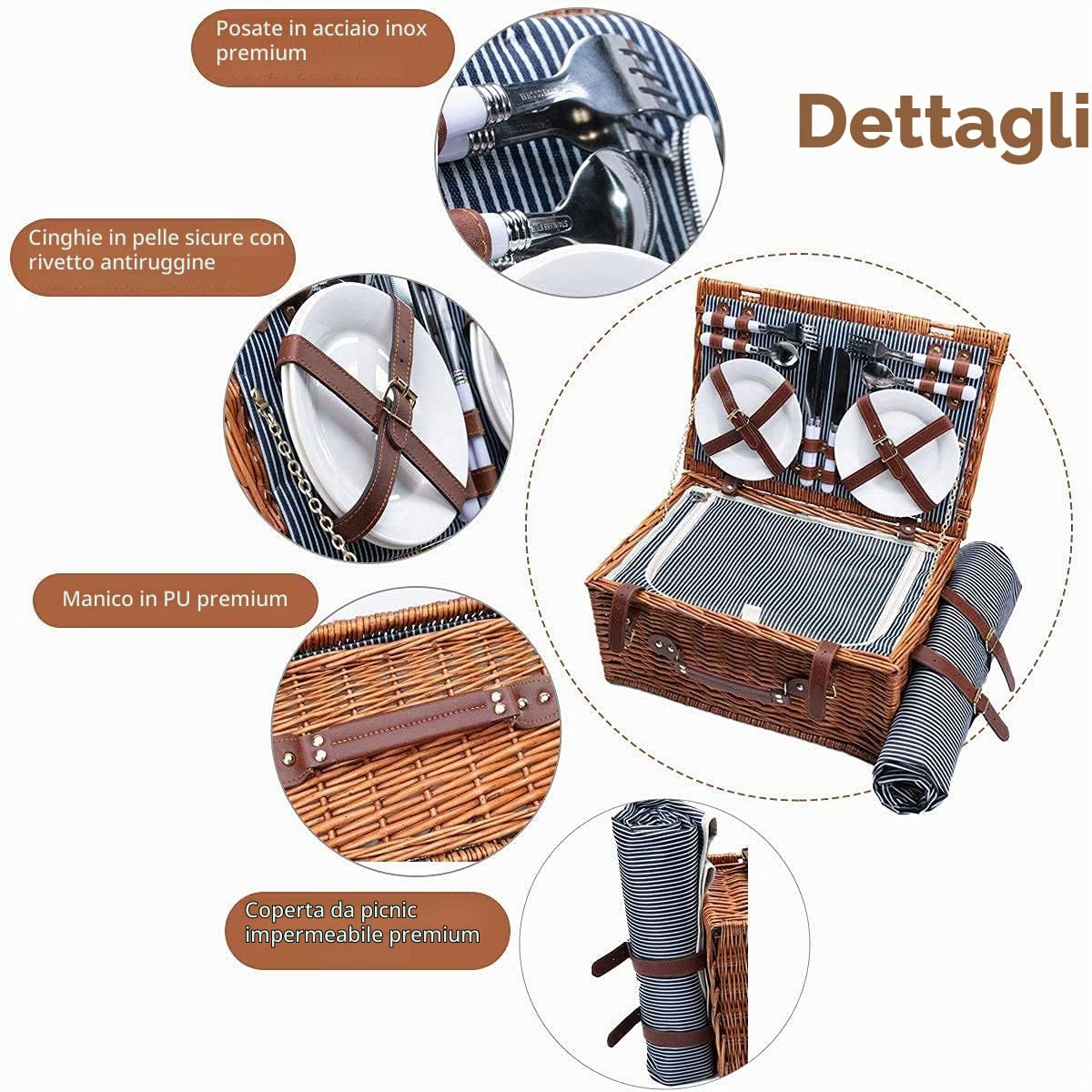 Cestino da Picnic in Vimini per 4 Persone con Scomparto Frigorifero Isolato e Coperta Impermeabile Kit di Posate per Cesti di Salice, Grandi Cesti da Picnic in Vimini per Campeggio
