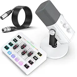 FIFINE Pacote de equipamentos para jogos, microfone dinâmico de XLR/USB com conjunto de mixer de áudio, microfone de gravação podcast com botão ganho, mixer de PC para vídeo, voz de jogos - KS5W