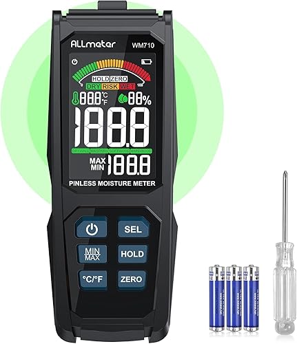 Medidor de humedad sin clavijas con LCD retroiluminado grande, alarma de 3 colores, calibración cero, sonda de temperatura/humedad, no destructivo