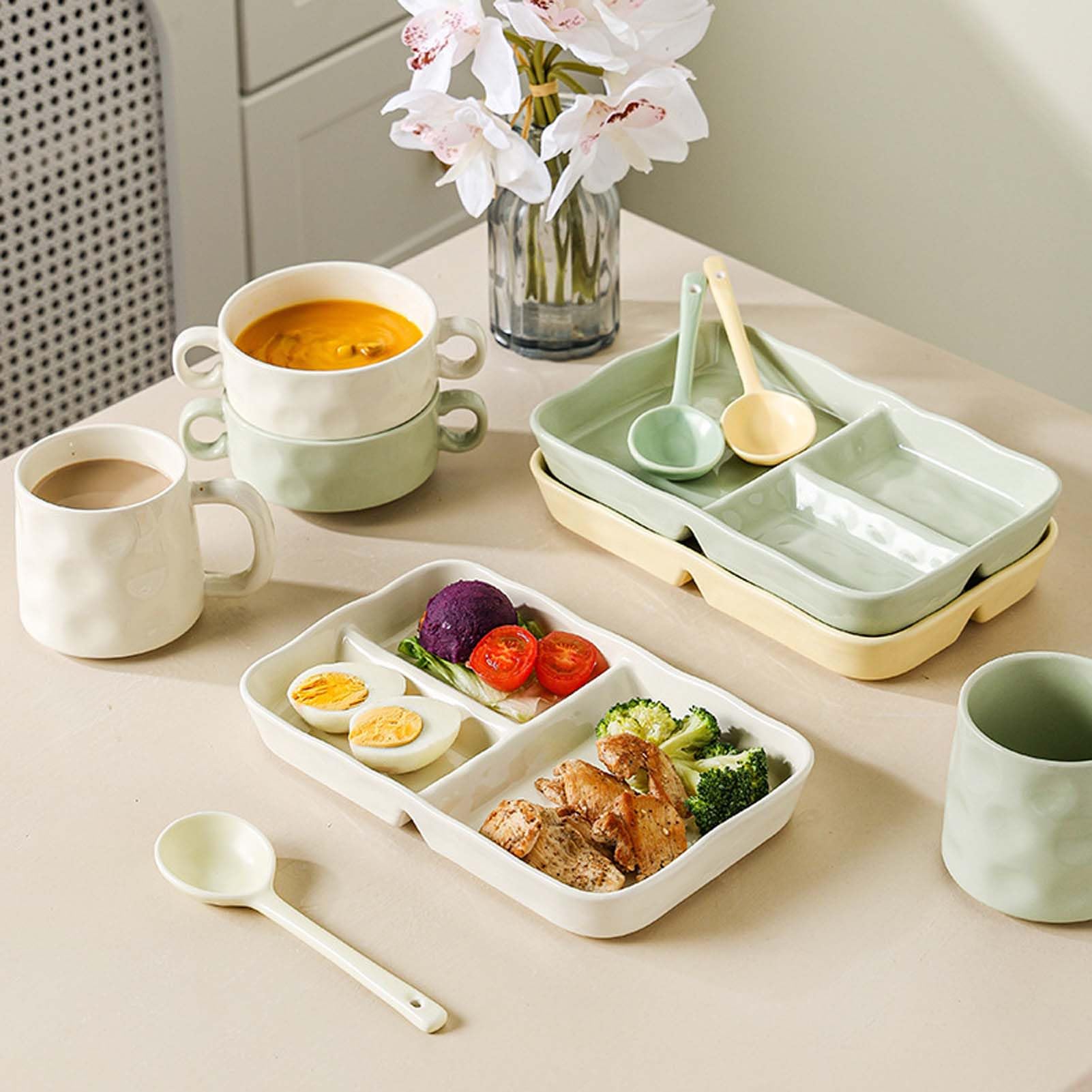 Talerz ceramiczny, zastawa porcelanowa, taca z przegródkami, naczynie obiadowe z 3 sekcjami, talerz do kontroli porcji, naczynie do serwowania posiłków, przystosowane do mikrofalówki i zmywarki