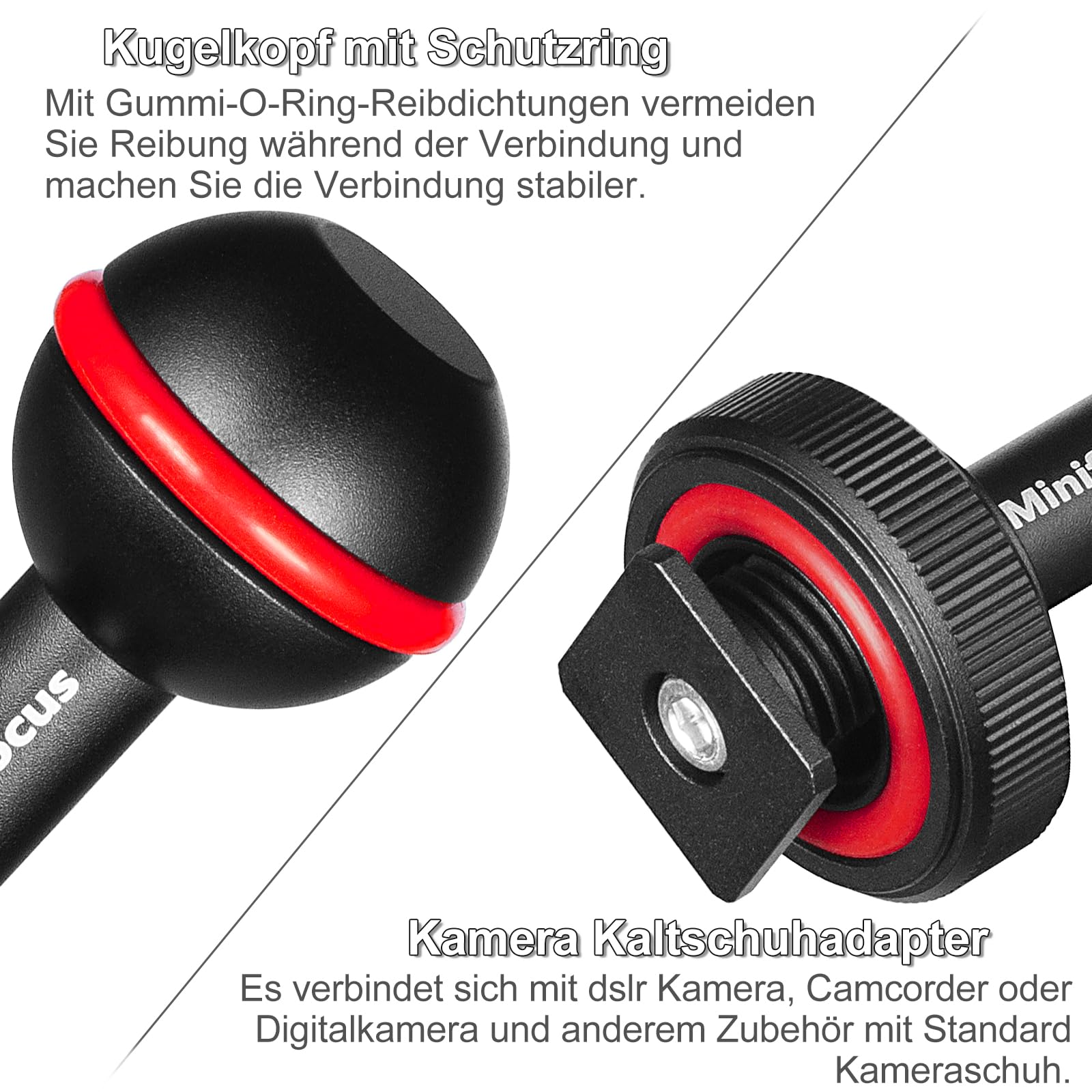 MINIFOCUS 1" Kugelkopf Cold Shoe Base Adapter, Universal Kugelgelenkhalterung mit Cold Shoe Base Adapter für Tauchlampen Unterwasserkamera Wasserdichtes Gehäuse Video/Blitz/Strobe Blitzschuhe