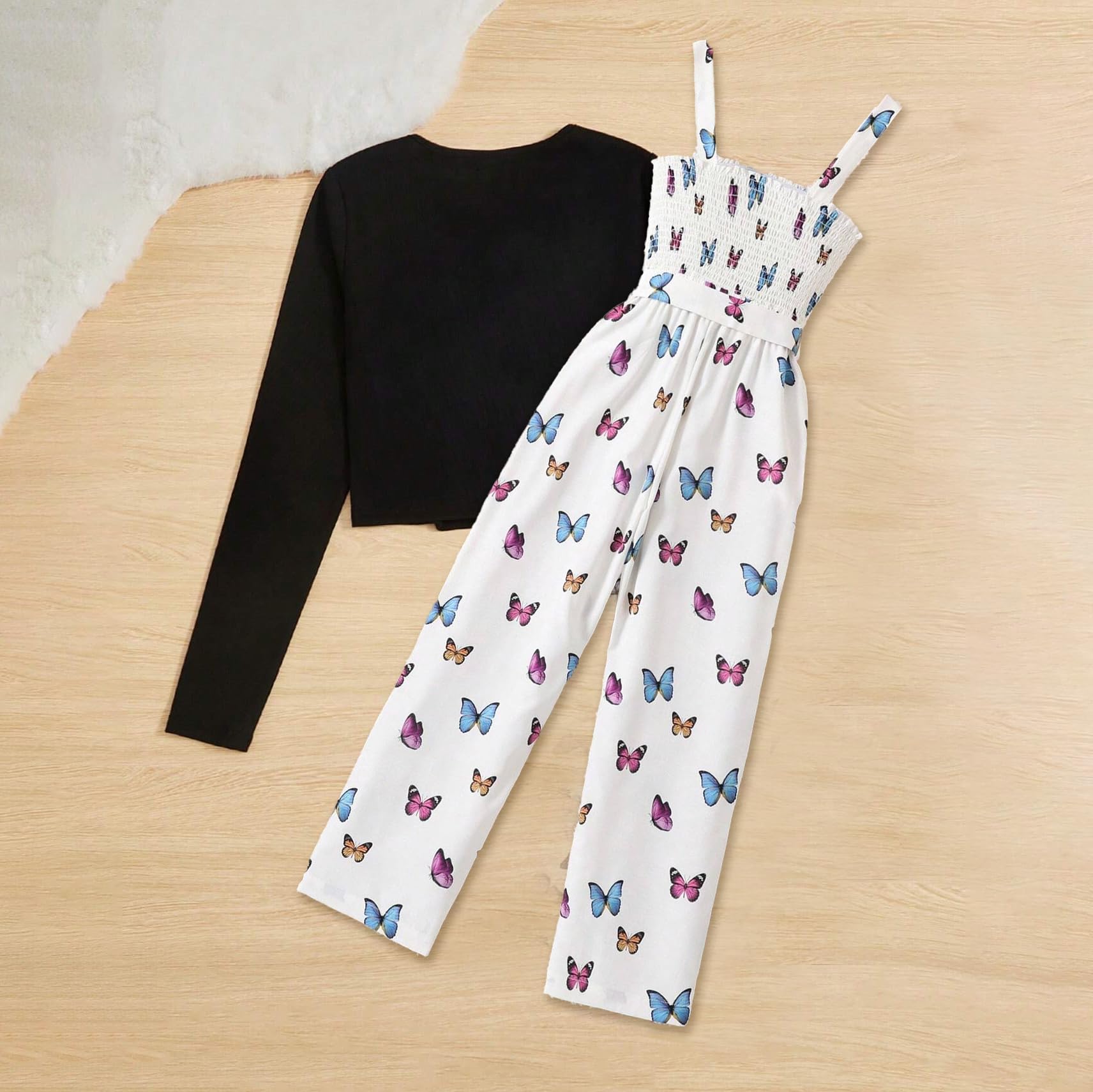 2-teiliges Mädchen-Outfit mit Schmetterlings-Aufdruck, Pullover und Overall, 7–13 Jahre