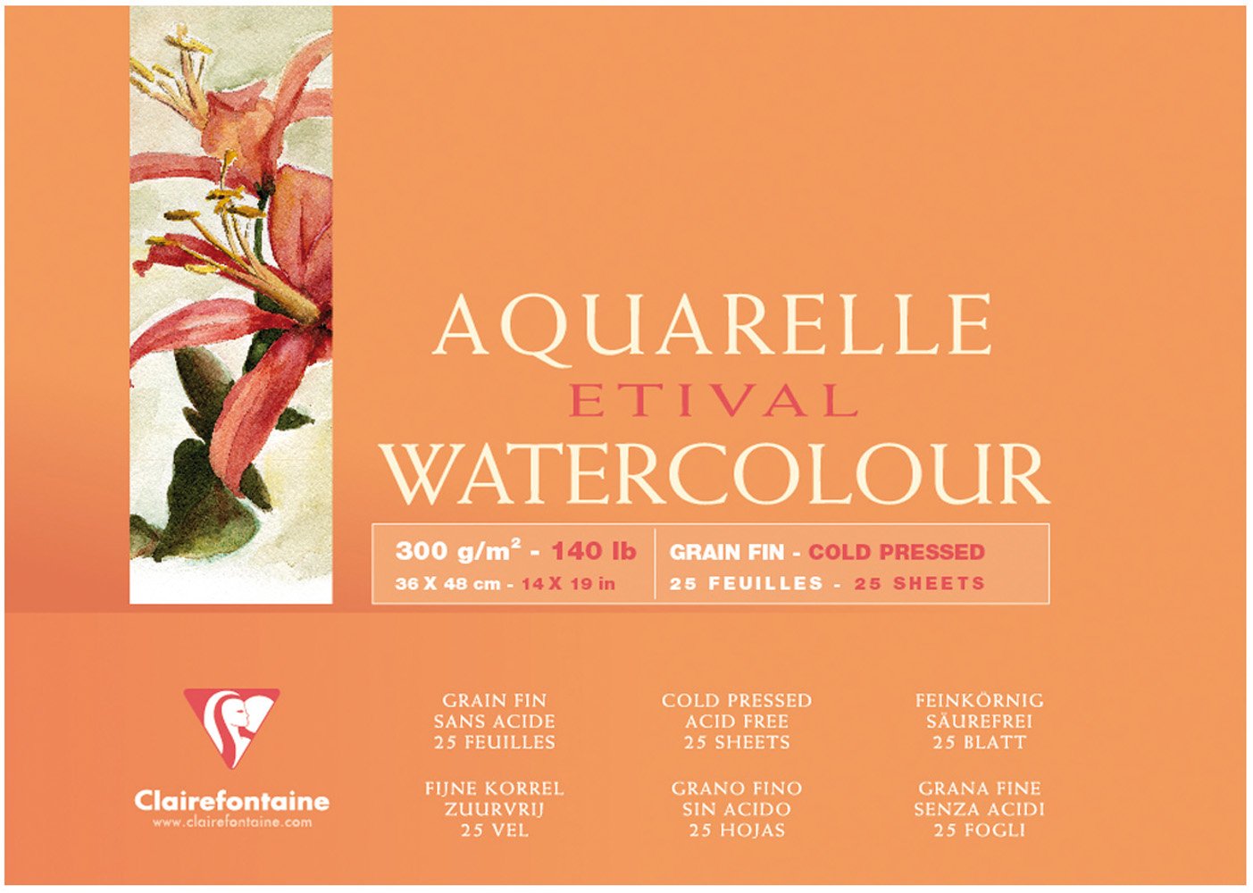 Clairefontaine 96473C Malblock, 4-seitig verleimt Aquarellpapier Feinkörnig, Etival/Zellulose, 36 x 48 cm, 25 Blatt, 300 g Packung, weiß