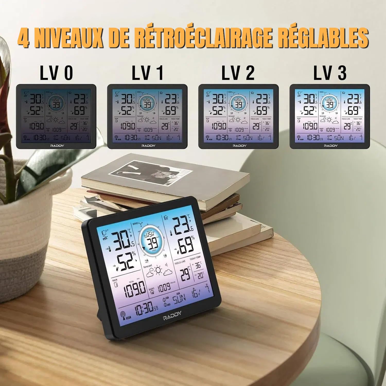 Station météo Raddy VP7 radio avec thermomètre intérieur et extérieur professionnel, écran numérique de 18,8 cm en violet, horloge radio, moniteur de température et d'humidité, prévisions météo et