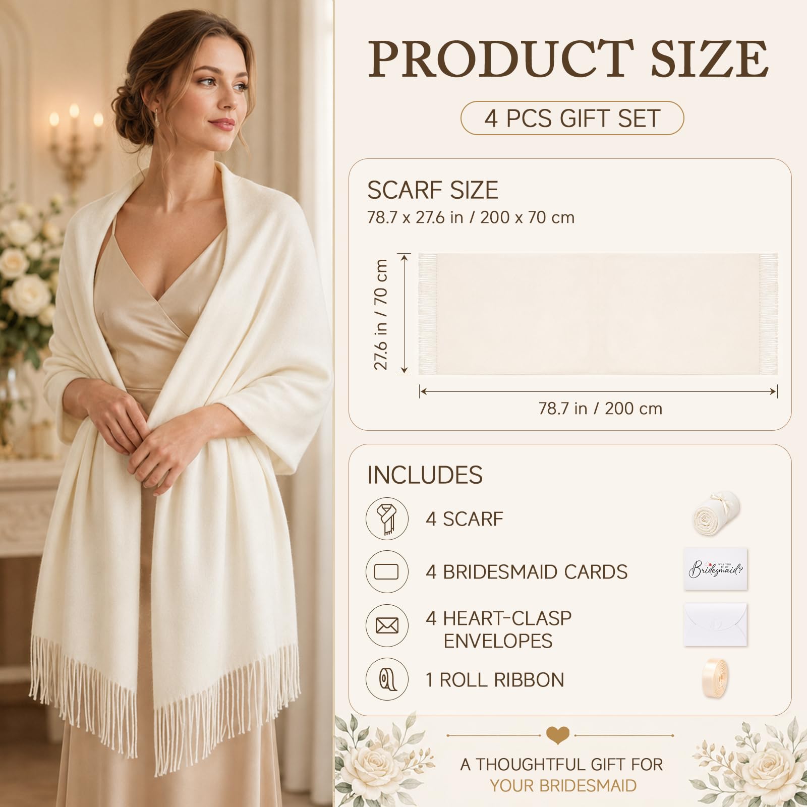 Hestya Châles en Pashmina Coffret Cadeau Mariage Comprend 4 Écharpes pour Demoiselles d'Honneur, 1 Ruban Cadeau, 4 Cartes pour Demoiselles d'Honneur et 4 Enveloppes. Pour Femmes et Invitées de Mariage