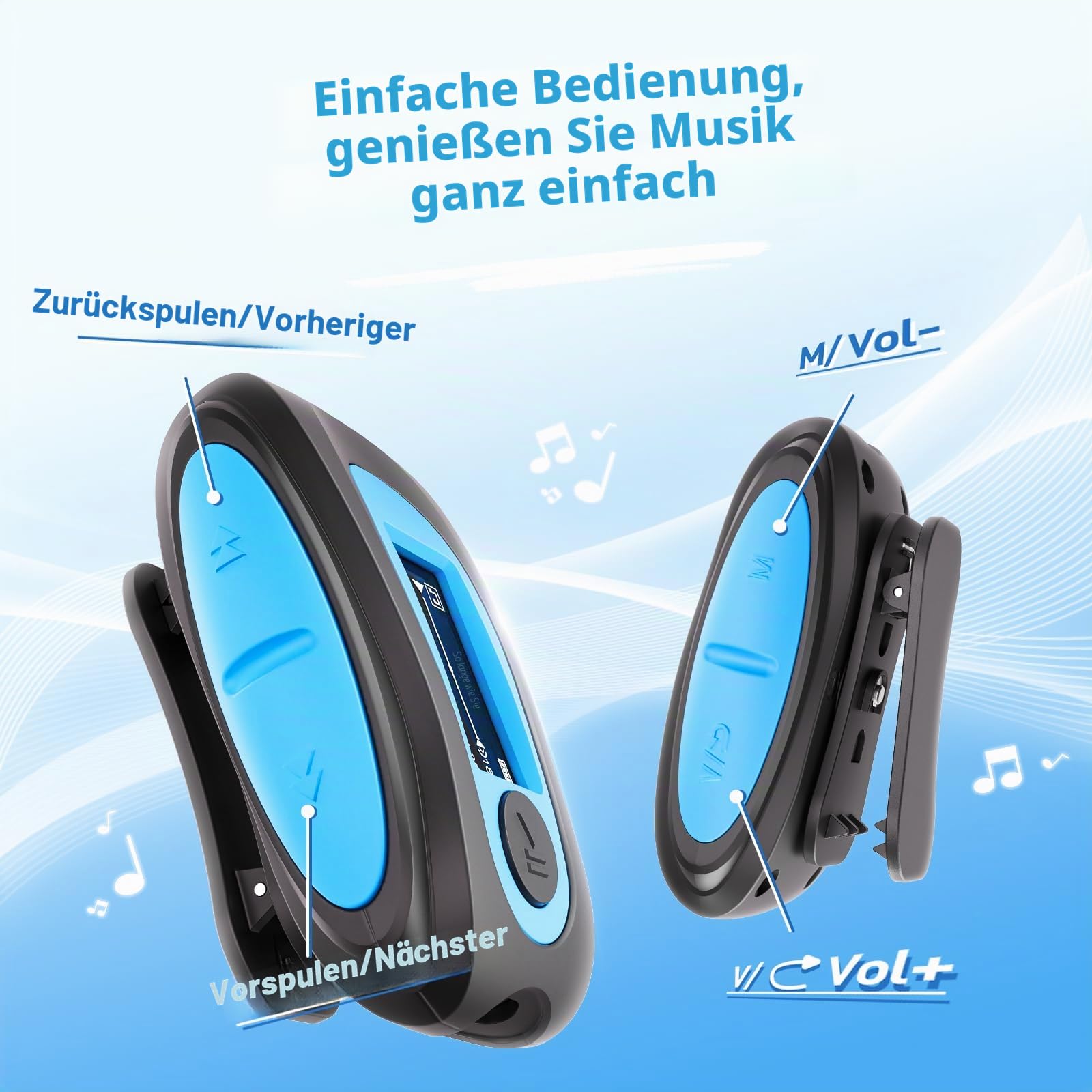 AGPTEK IPX8 Wasserdicht MP3 Player, 8GB HiFi MP3 Musik Player zum Schwimmen und Laufen, mit wasserdicht Kopfhörer, Audiokabel und 3 Paar Ohrstöpsel (L/M/S), unterstützt FM, Shuffle Funktion, Blau