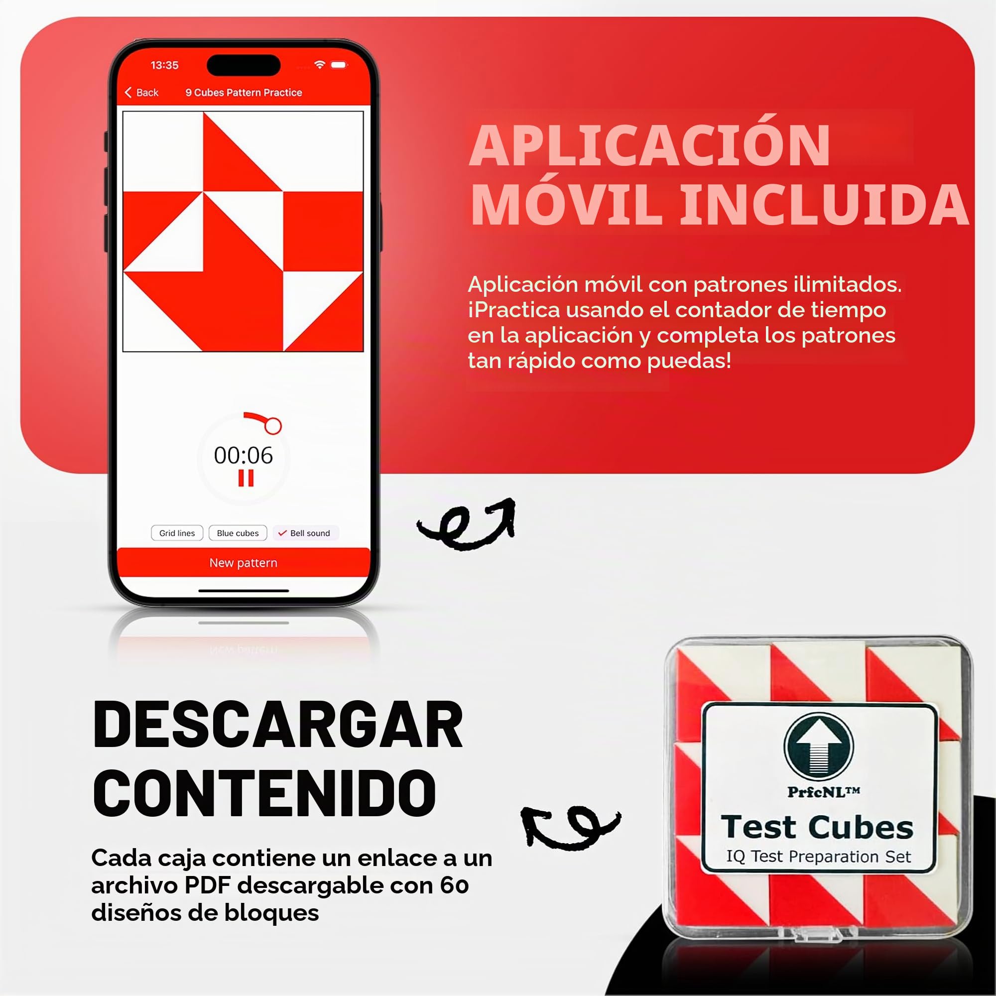 PrfcNL Cubos de prueba (rojo y blanco) - Estudio para pruebas de diseño de bloques, prueba de razonamiento espacial cognitivo, 9 cubos de Kohs, preparación de pruebas WAIS y Wisc, 1002IQBOX