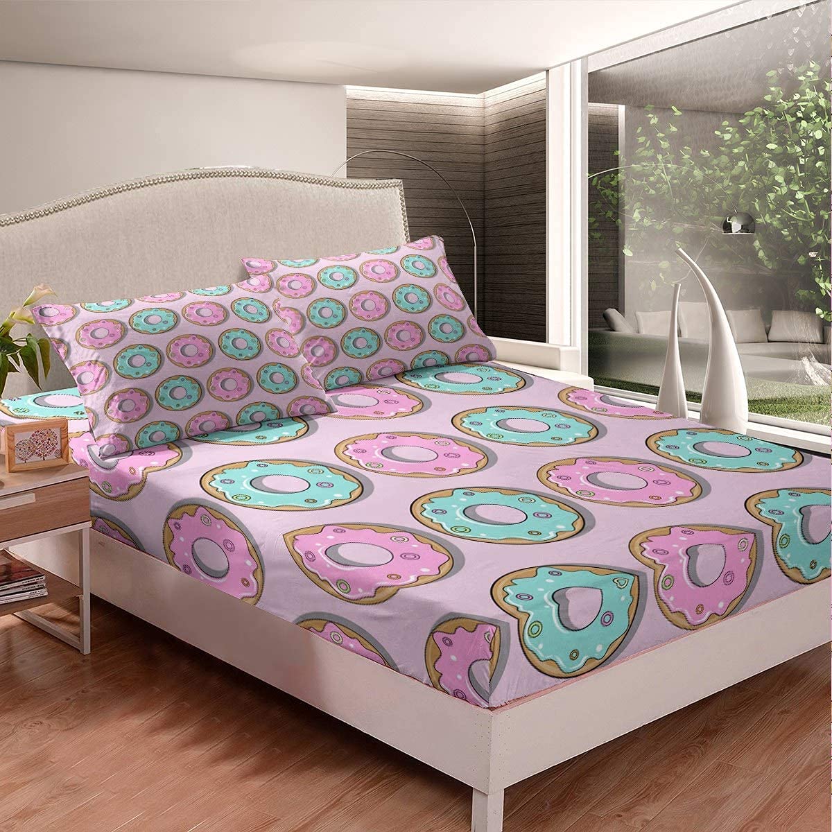 Loussiesd Donuts Bed Sheet Set Delicious Food Bed Sheets for Kids Girls Colored Macarons Cake Bedding Set Afternoon Tea Dessert Fitted Sheet Bedroom Pink 2Pcs Single Size