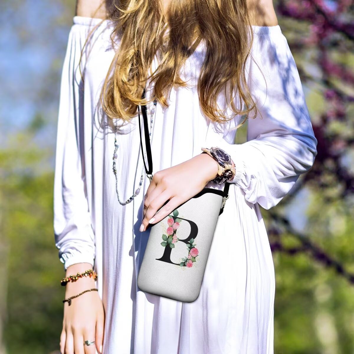 FREZORA Cell Phone Sleeves Bag Case Crossbody Neoprene Holder Lanyard Phone Pouch for Women Men 7.5 X 4.5 Inches - Letter_B