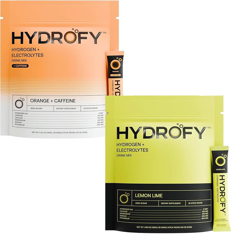 Hydrofy Hydrogen Water + Electrolytes Drink Mix Bundle | Lemon Lime & Orange + Caffeine 50 ct | H2 Hydration Packets with Molecular Hydrogen, Sodium, Potassium, Magnesium | No Sugar