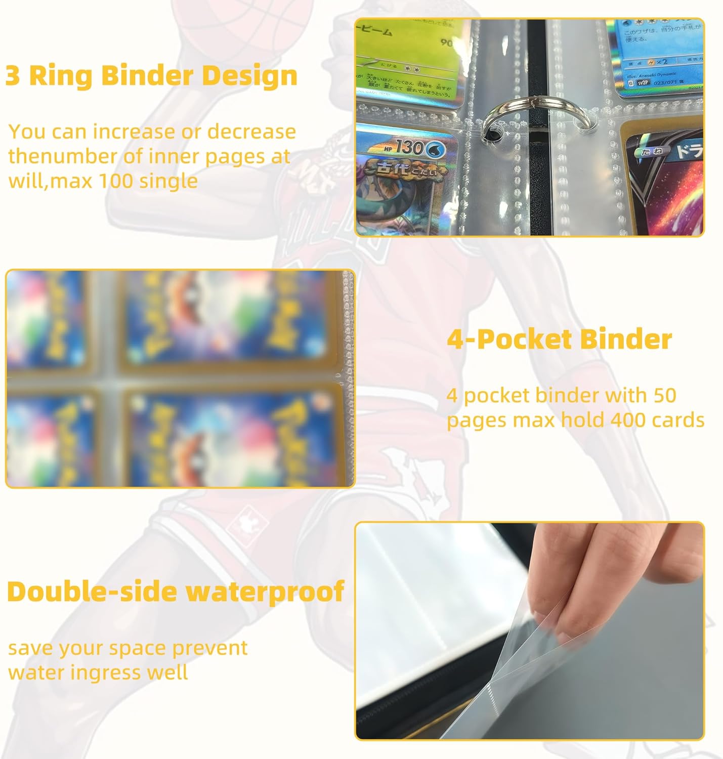 Basketball Sports Card Binder 4-Pocket: Portable Zipper Trading Cards Holder - Waterproof 400 Cards Ablum with 50 Removable Sleeves for basketball cards 2024-2025