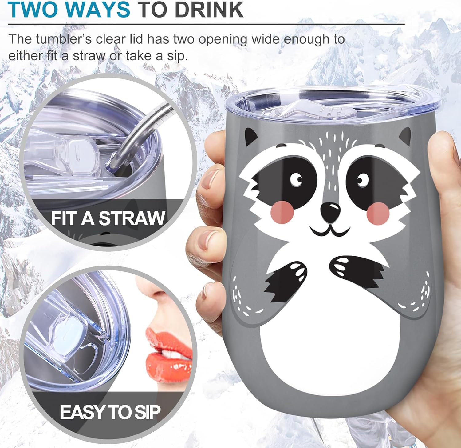 NymphFable 12oz Raccoon Cup Insulated Wine Tumbler With Lid and Straw Double Wall Stainless Steel Travel Mug - Image 4