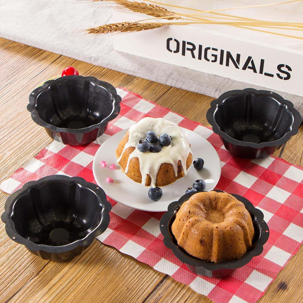 Webake Set di 4 Stampo Kugelhopf Stampi per Torte in Acciaio al Carbonio ø11 cm Tazzina per Flauto Antiaderente per Torte con Incisione a Vortice