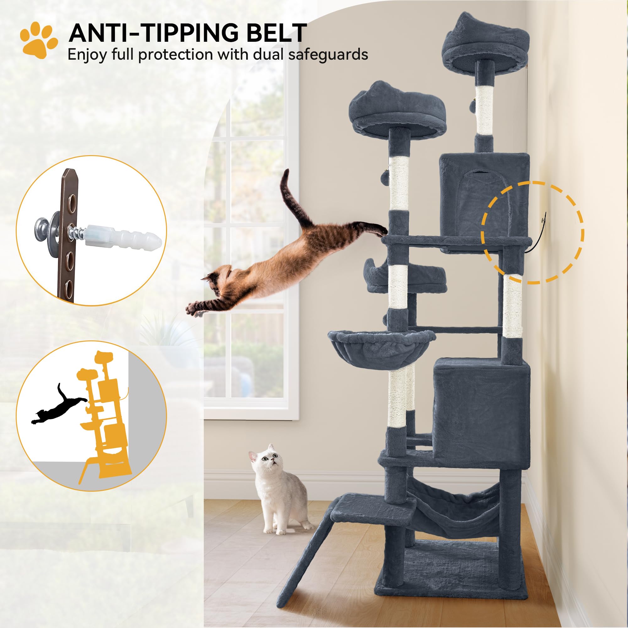 YITAHOME Tall Cat Tree for Indoor Cats, 75 inch Multi-Level Cat Tower with Cat Condos, Top Perches, Sisal Ramp Scratching Posts, Cozy Basket, Hammocks, Large Cat Pet Activity Structure,Pink: 75 inches Dark Grey
