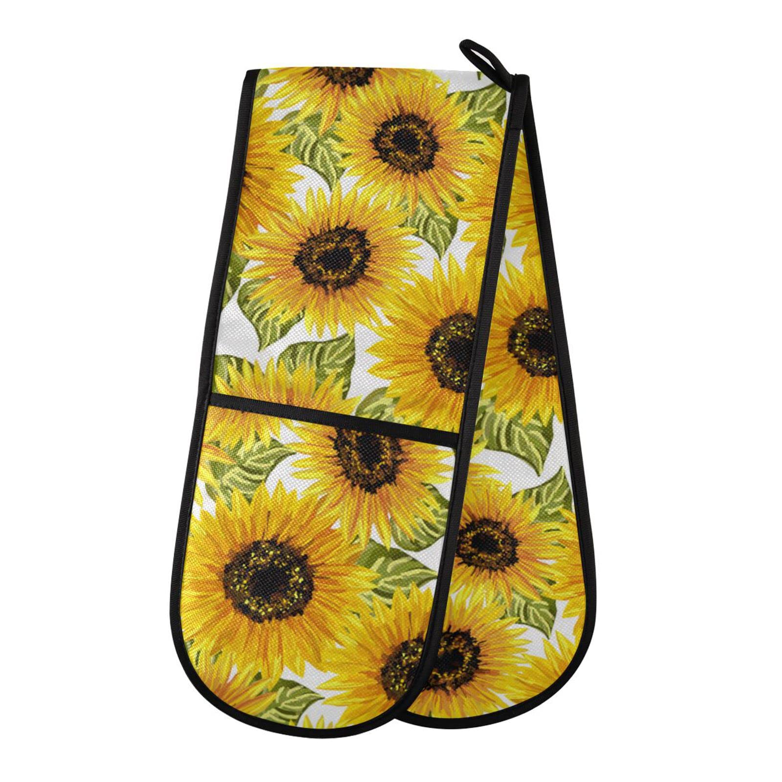 Double Oven Glove Flower Sunflower Floral Heat Resistant Double Ovens Mitt Modern Cooking Gloves Potholders