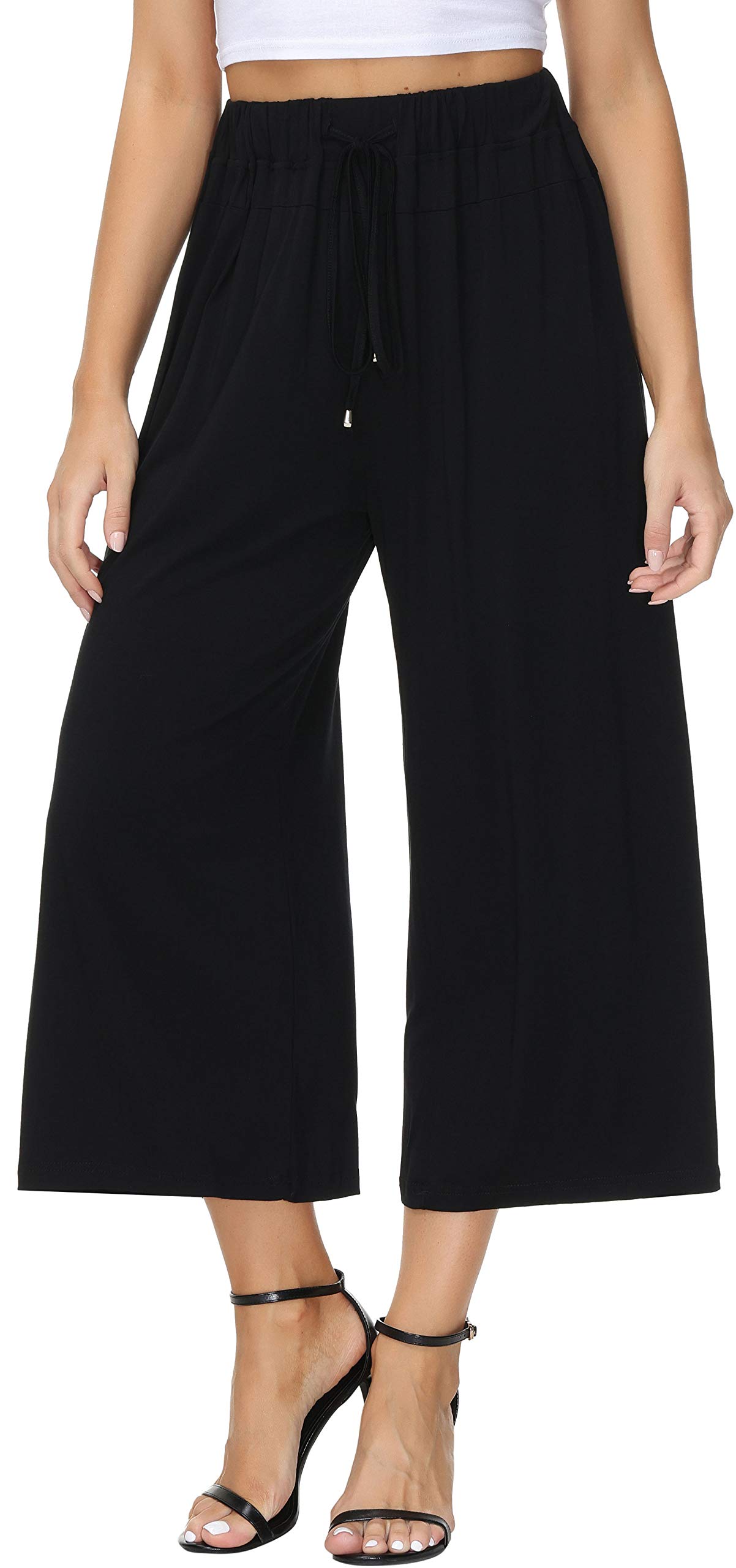 HOWON Womens Elastic Waist Wide Leg Casual Palazzo Capri Culottes Pants Soft Knit Cropped Pants