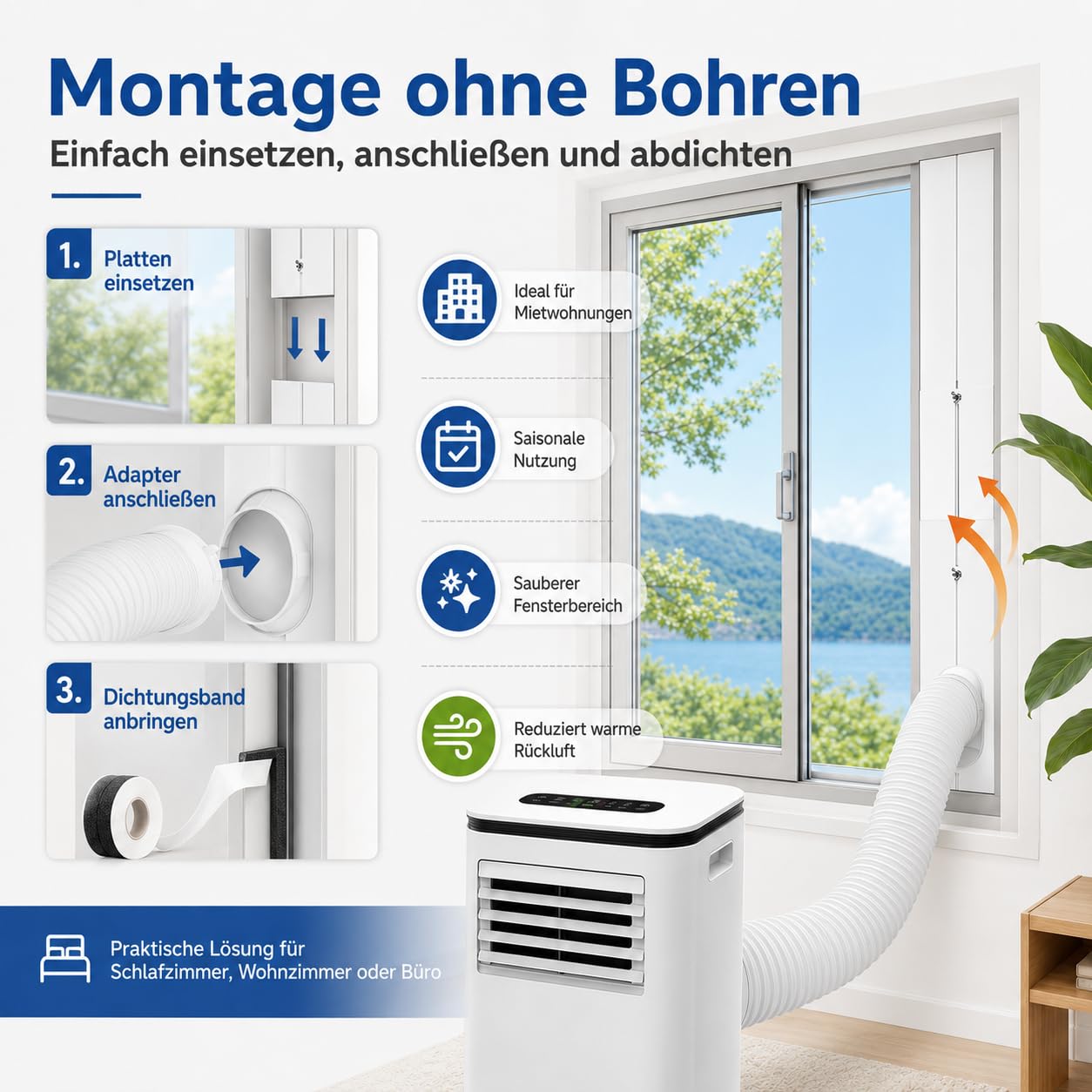 Abluftschlauch Fensterdurchführung für mobile Klimaanlage, Rolladen Fensterblende mit verstellbarer Dichtungsplatte, Fensterabdichtung Klimaanlage (4PCS)