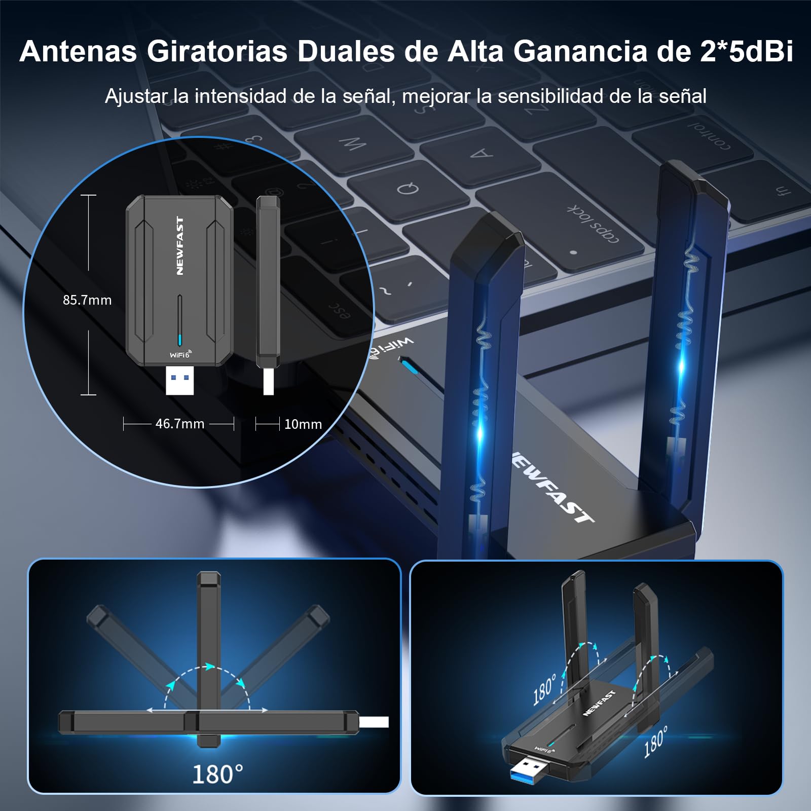 NEWFAST AXE5400Mbps Adaptador WiFi USB para PC Adaptador WiFi6E, USB3.0 Wi-Fi 6 para PC 6GHz/5GHz/2.4GHz Antena WiFi USB Compatible Windows 11/10, MU-MIMO