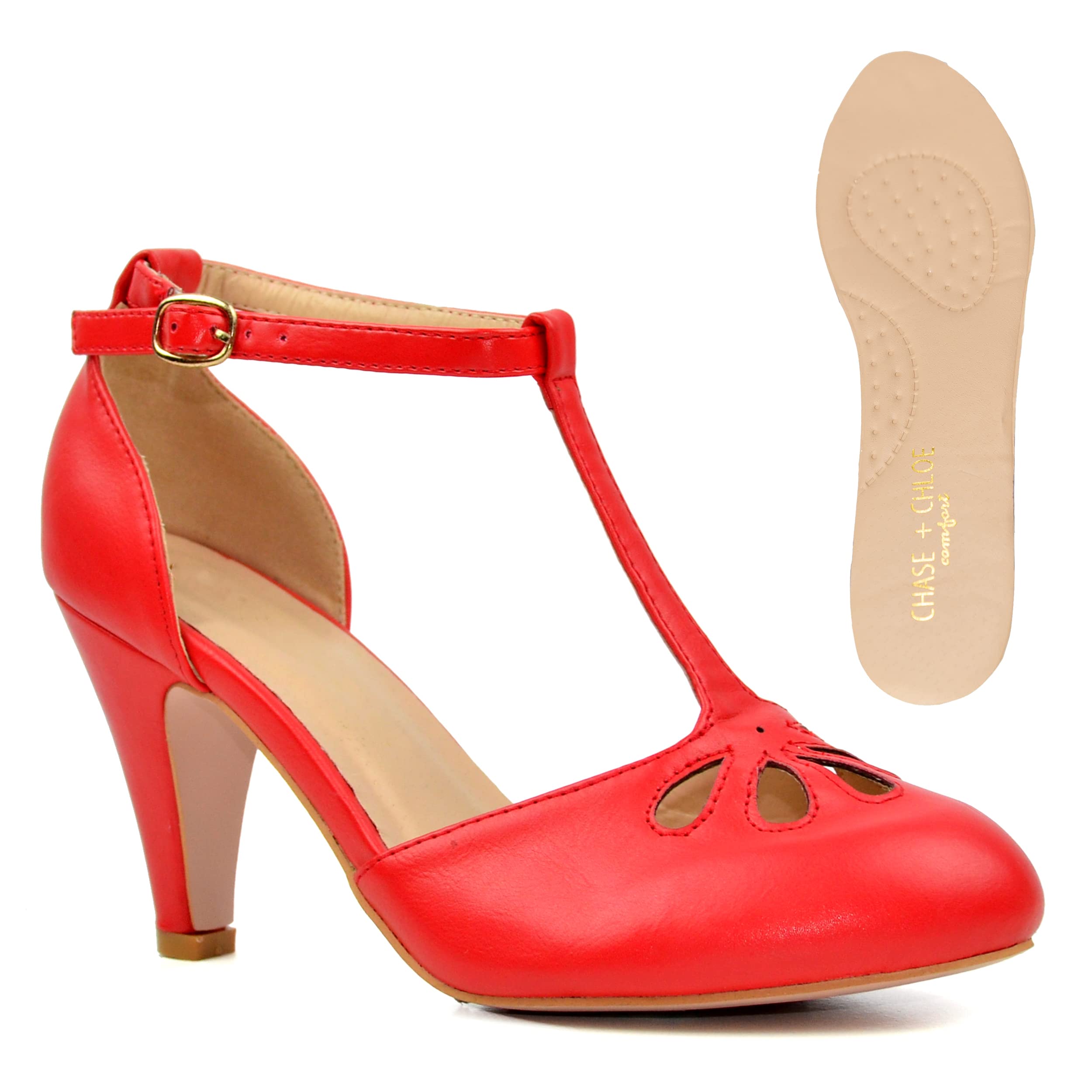 Chase & Chloe Kimmy-36 Women's Teardrop Cut Out T-Strap Mid Heel Dress Pumps