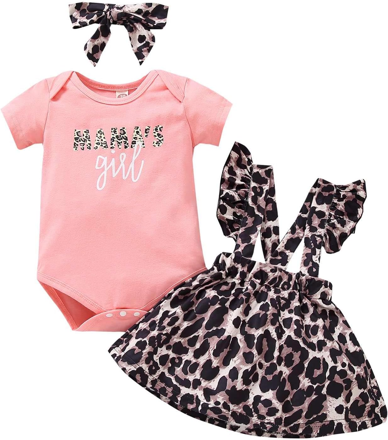 BOWINR Infant Baby Girl Clothes Newborn Outfit Letter Romper Leopard Suspender Skirt Set Headband