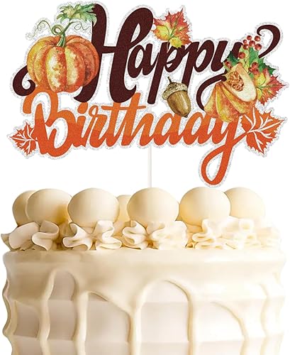 Decoración de pastel de calabaza, hojas de arce de otoño y otoño, decoración de pastel de feliz cumpleaños, suministros de fiesta de cumpleaños con