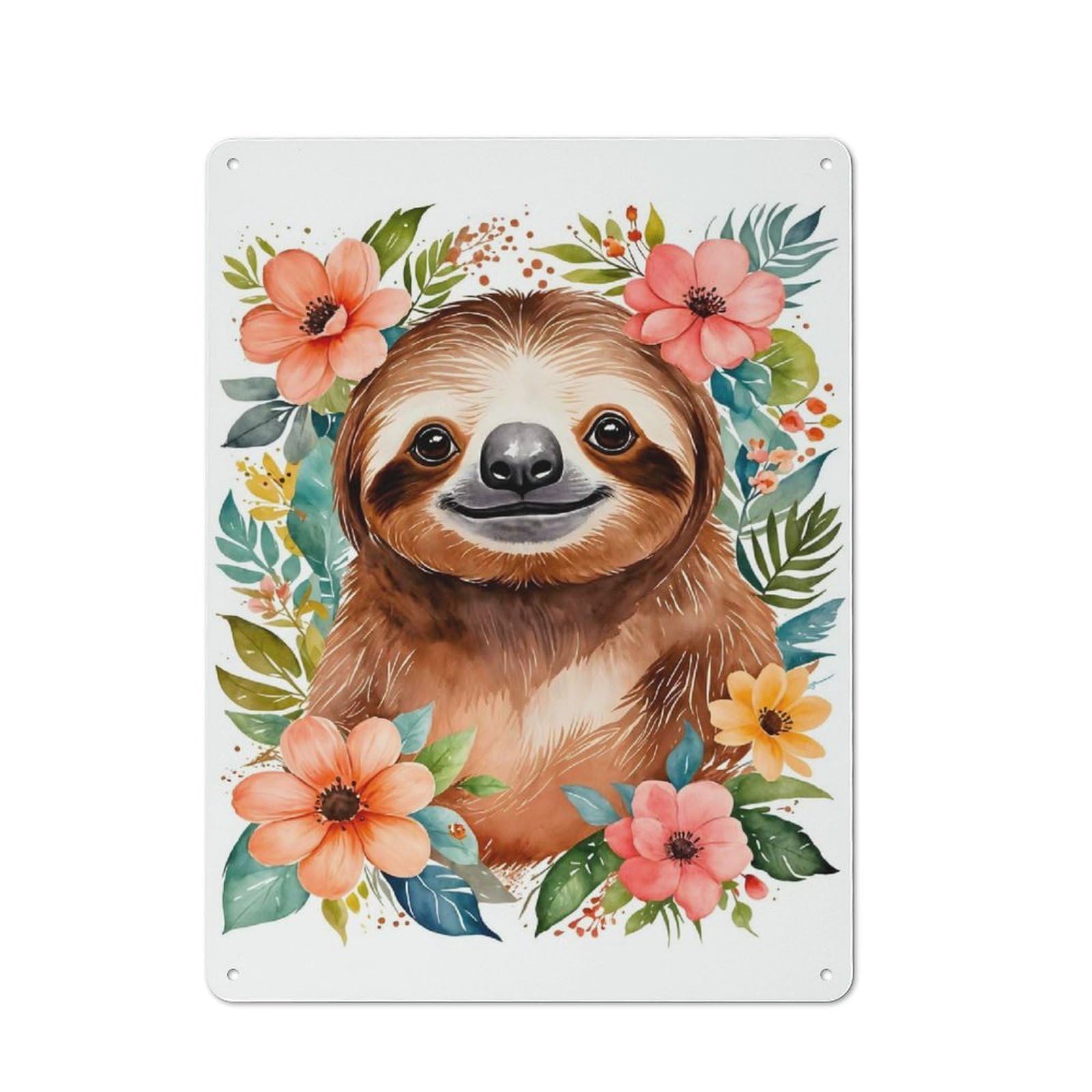 Junmoney Style Old Sloth Flowers Watercolor Metal Sign 40X30cm, Bar Wall Plaque For Diner, Restaurant, Shed Or Kitchen