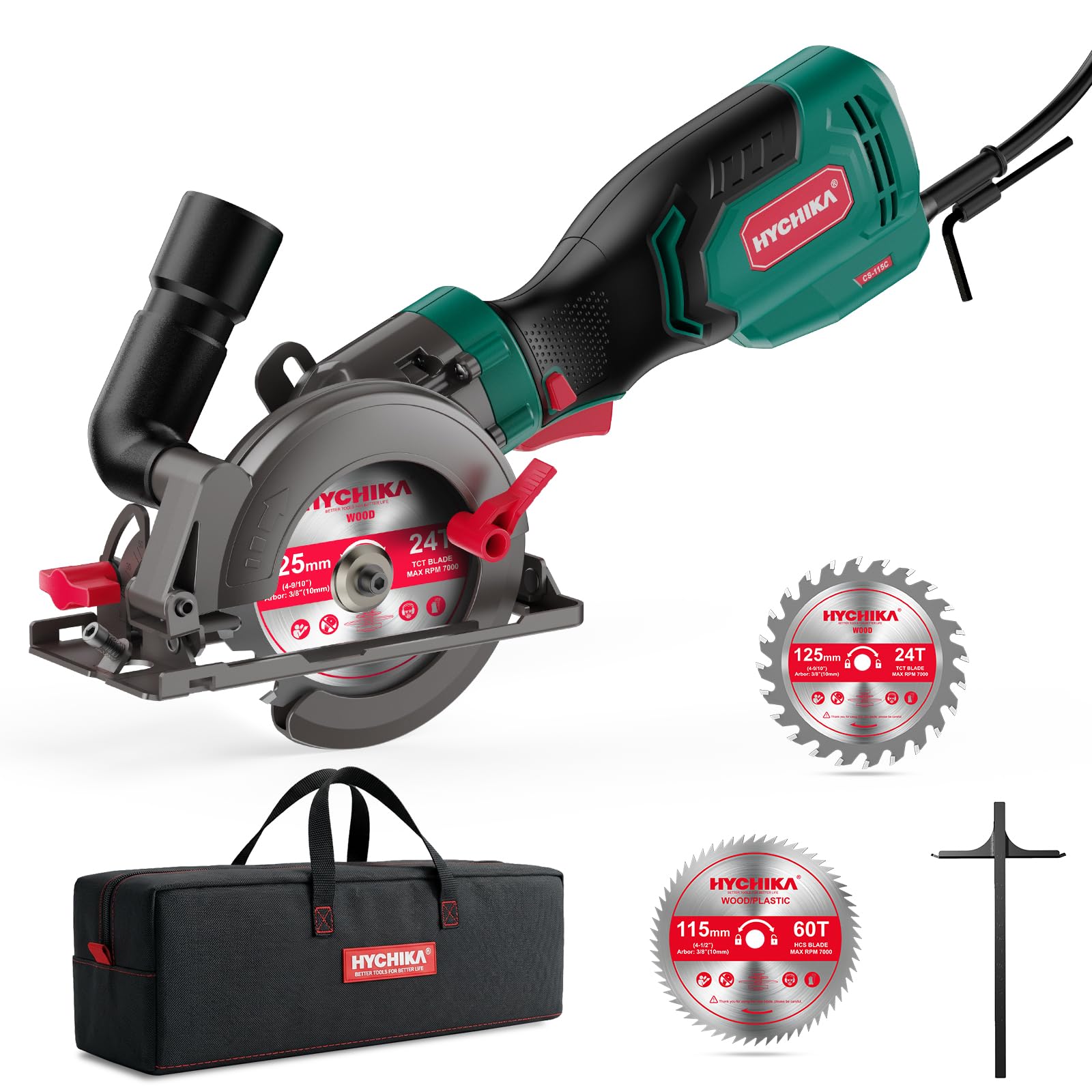 HYCHIKA Sega Circolare a Mano, Mini Sega Circolare 750W 3500 giri/min con Borsa da Trasporto, 3 Lame da Sega 115+125mm, Guida Parallela, Profondità di Taglio 48mm, per Legno, Metallo Dolce, Plastica