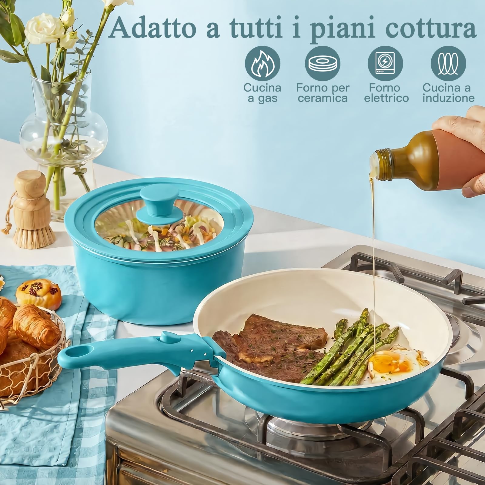 GiPP 21 Pezzi Set di Padelle Antiaderenti con Manici Rimovibili, Blu | Adatta per Induzione,Gas,Ceramica,Elettrico, Alluminio,Cucina Sana per Camper,Senza Tossine, Compatibile Forno/Lavastoviglie