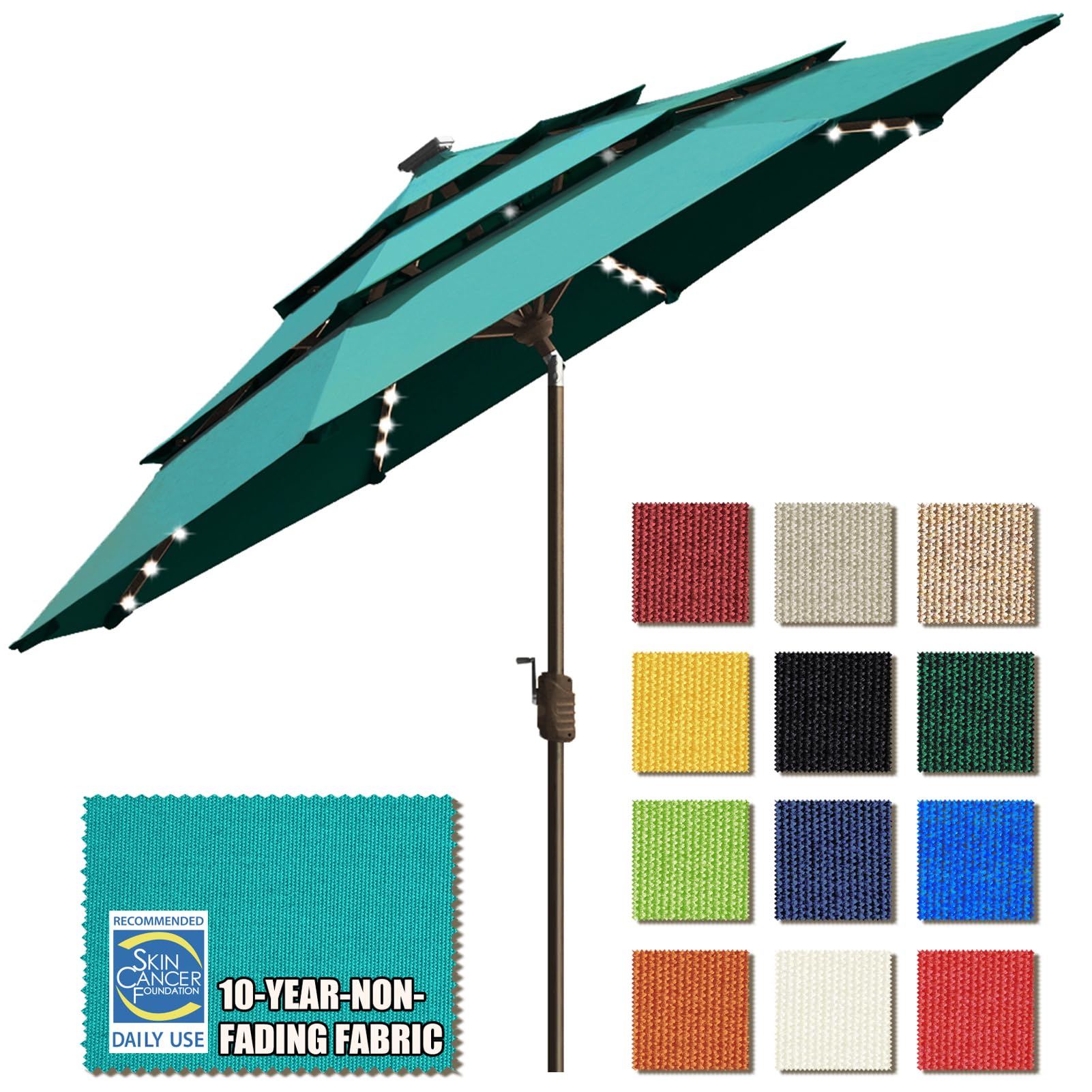 Photo 1 of EliteShade USA 10-Year-Non-Fading 9ft 3-Tier Market Patio Umbrella, Commercial Table Umbrella with 80 Solar LED Lights, Crank Open, Windproof & UPF 50+ UV Protection for Garden, Deck, Pool, Backyard, Teal
