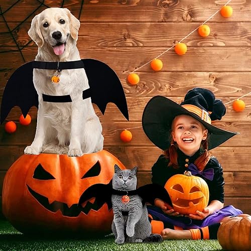 Miniatura 6 de Alas de murciélago para perro, disfraz de Halloween para perros medianos y grandes, ropa divertida para perros con correas y campanas de calabaza,