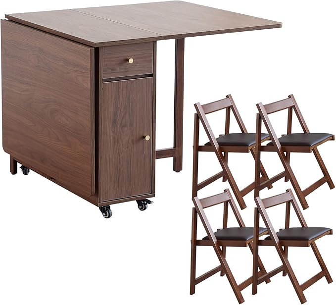 COMUHOME Extendable Drop Leaf Folding Dining Table with 4 Chairs, Collapsible Folable Dining Table with 2 Drawers and 4 Wheels, Space Saving Table for Living Room Kitchen Farmhouse in Walnut