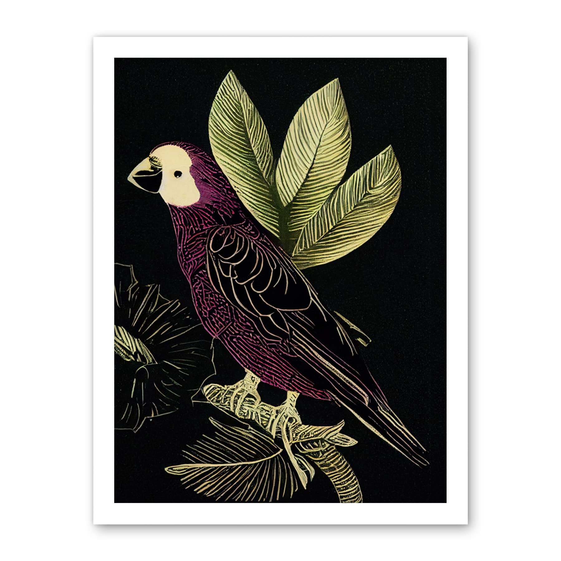 Wee Blue Coo Burgundy Parrot Leaves Tree Branch on Black Vintage Linocut Illustration Artwork Framed Wall Art Print 18X24 Inch