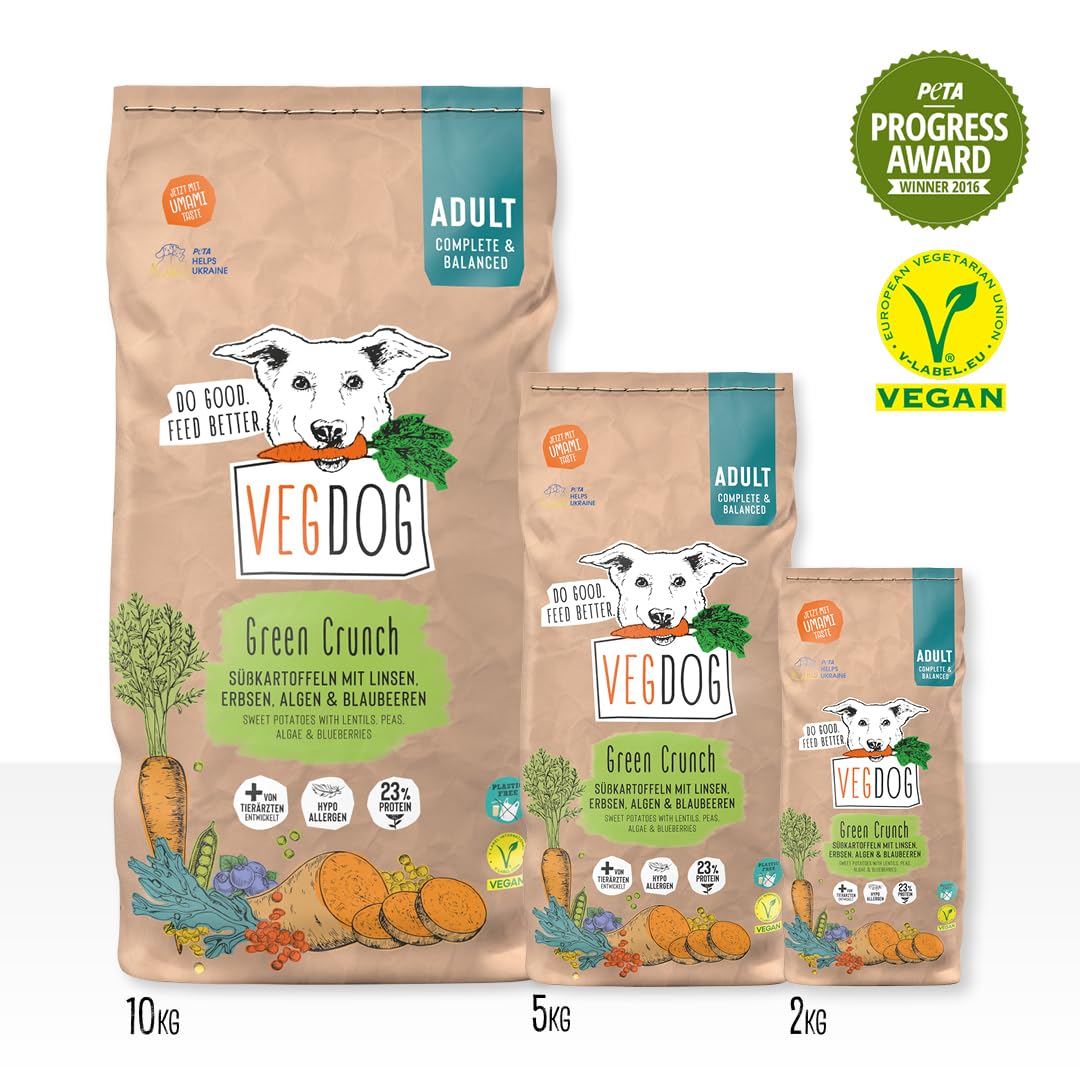 VEGDOG Green Crunch hypoallergenes Trockenfutter (10 kg) | Adulte Hunde | ohne Gluten, Getreide und Soja | Alleinfutter für Allergiker mit Erbsenprotein