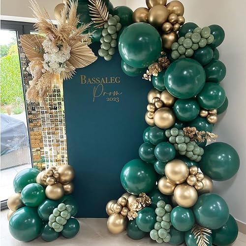 Green and Gold Balloons Arch Garland Kit 130pcs Dark Emerald Green Sage Green Metallic Gold Balloon for Birthday Wedding Christmas New Year Eve Party Decorations