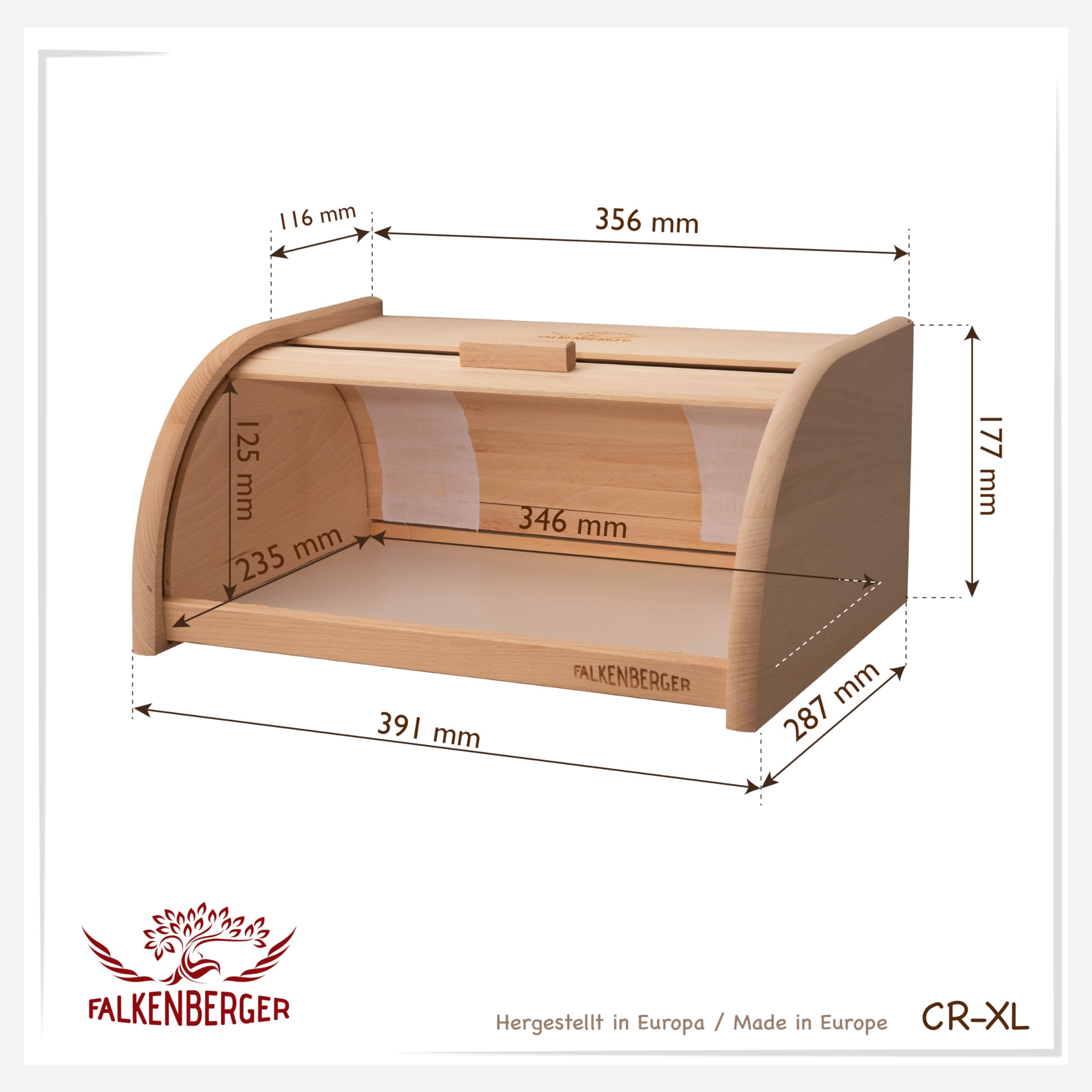 Contenitore per il pane in legno di faggio, ca. 39 x 28 x 18 cm, XL, con coperchio arrotolabile, realizzato a mano