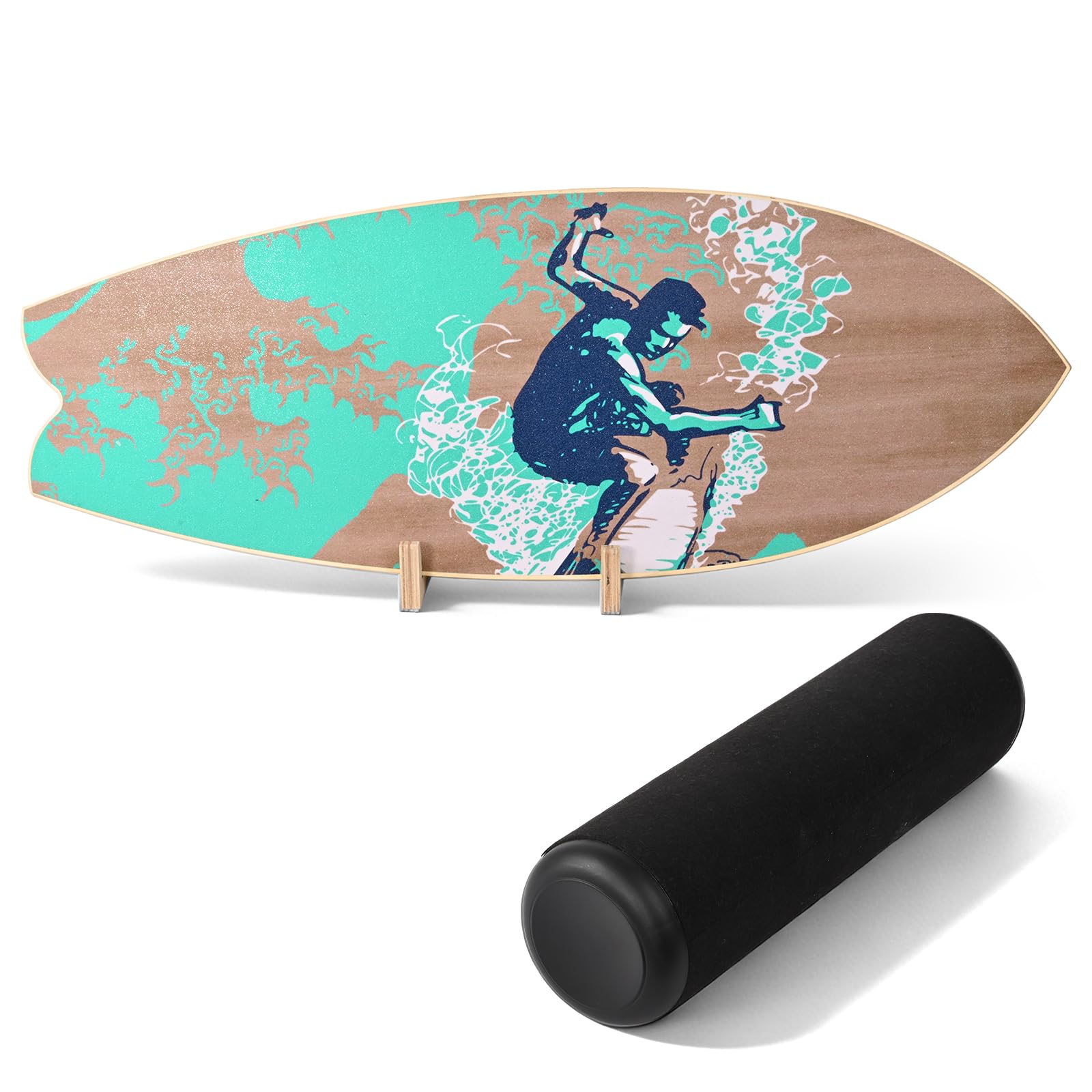 Balance Board Holz 75x28cm Balance Board Kinder Surfbrett Surf Balance Wackelbrett, Balanceboard Wackelbrett mit Rolle & Stand für Core Training Gleichgewichtsboard & Koordination