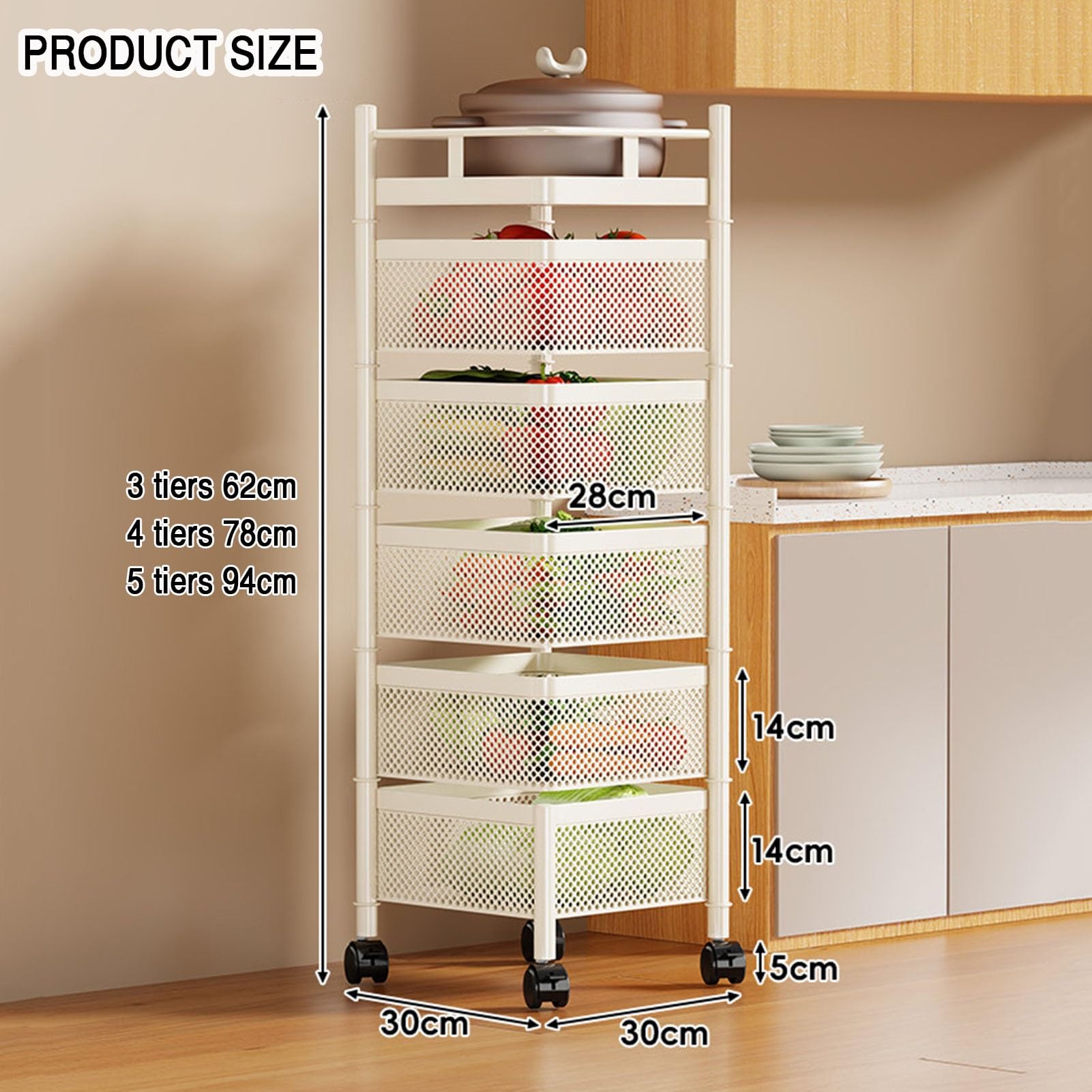 Cesto portaoggetti girevole, scaffale multistrato per cucina e bagno, organizer girevole a 5 ripiani per frutta e verdura con ruote, design salvaspazio