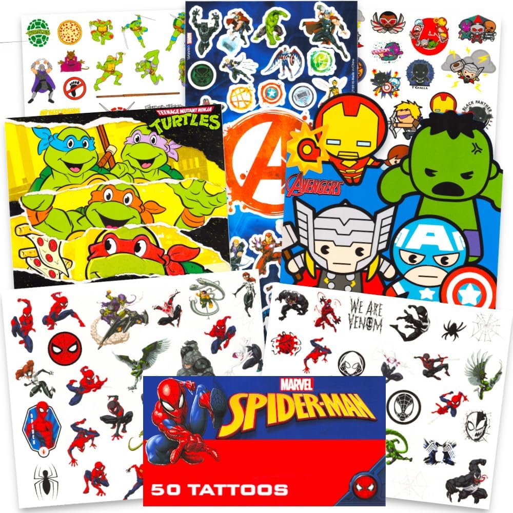 Super Hero Tattoos Party Favors Set - 150 Superhero Temporary Tattoos Featuring Marvel Avengers, Spiderman and Teenage Mutant Ninja Turtles Bundle with Avengers Reward Stickers