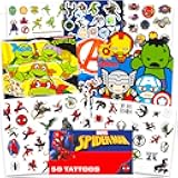 Super Hero Tattoos Party Favors Set - 150 Superhero Temporary Tattoos Featuring Marvel Avengers, Spiderman and Teenage Mutant Ninja Turtles Bundle with Avengers Reward Stickers