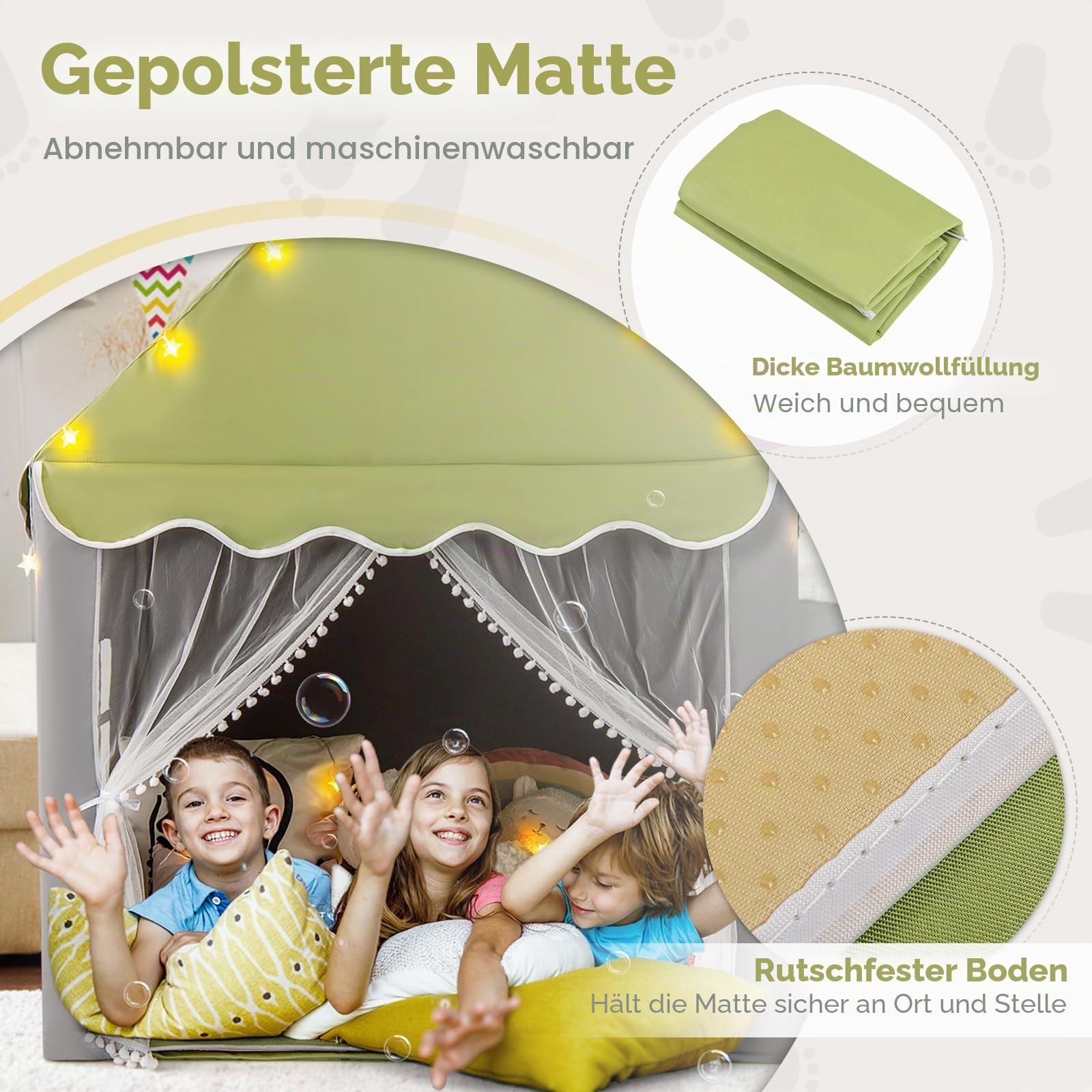 HOMASIS Kinderzelt für Indoor, Spielhaus mit Matte & Sternlichtern & Fenstern & doppeltem Vorhang, Kinder Spielzelt Prinzessin Kinderspielzelt Bettzelt für Mädchen & Jungen (Grün, Warmes Licht)