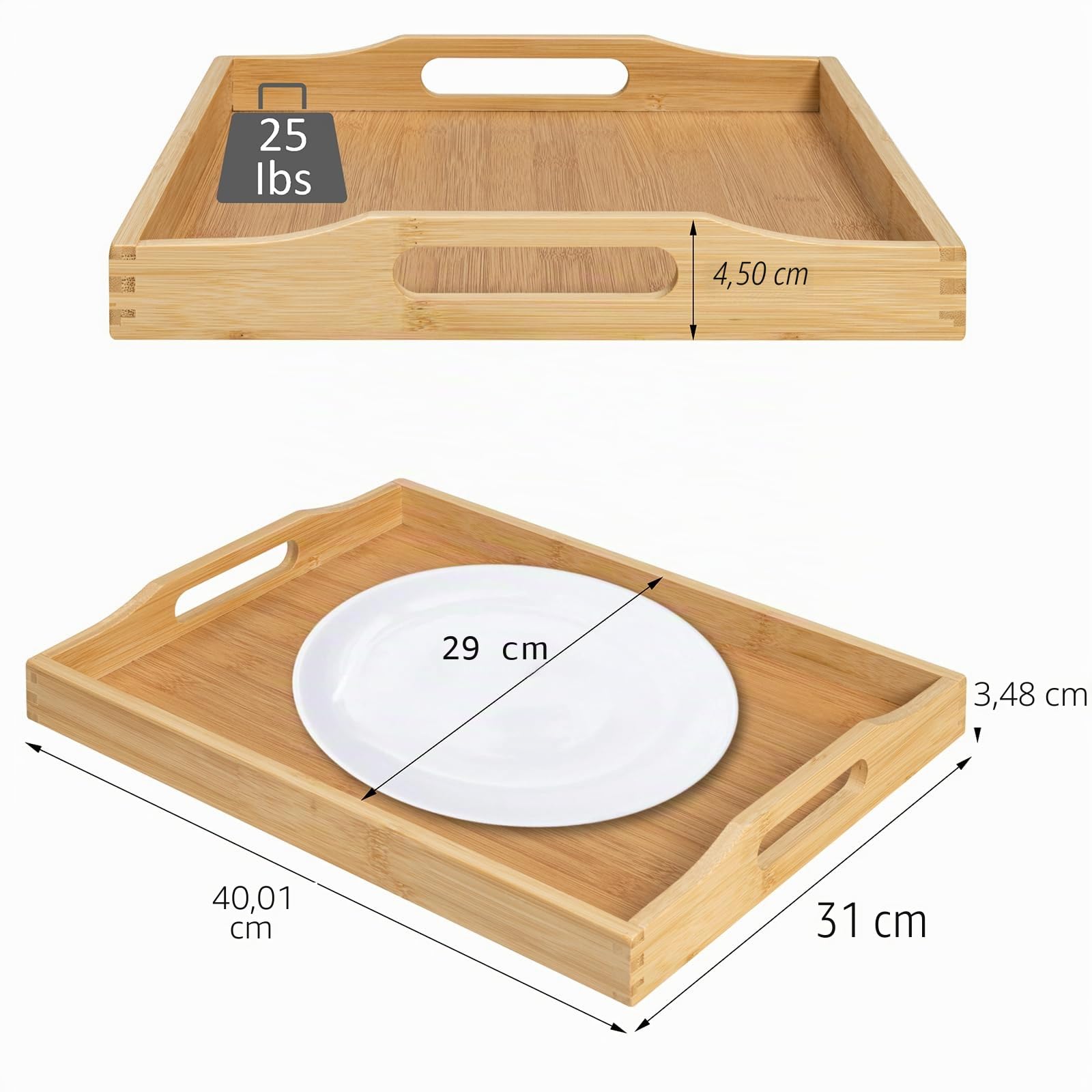RRX Bambus-Serviertablett mit Griffen, Betttablett für Lebensmittel (Beige) | Holzschale für Tee, Snack, Abendessen, Home Dekorative Lagerung Lebensmittel, Teller,Ottoman für Küchenteller, Badezimmer
