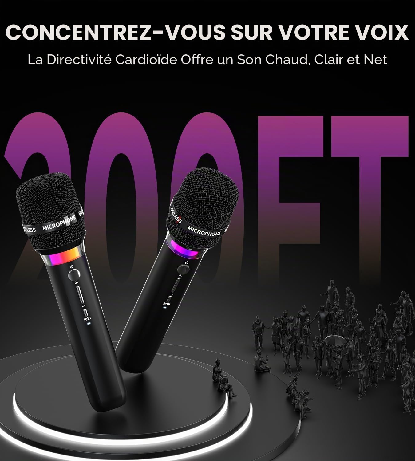 ECHOMUSSY Micro sans Fil, Double Microphone Rechargeable avec Connexion par Puce Individuelle et Voyants LED, Autonomie de 40h, Portée de Réception de 60m, Micro Karaoke pour Le Chant.