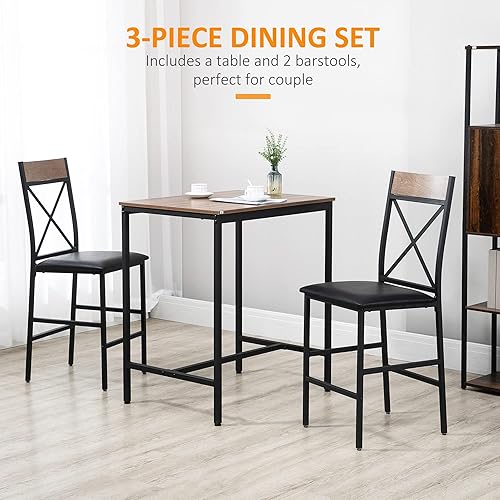 Miniatura 3 de HOMCOM 3 Piece Bar Table and Chairs Set, Dining Table Set with PU Padded Stools and Steel Frame for Kitchen, Small Spaces, Brown