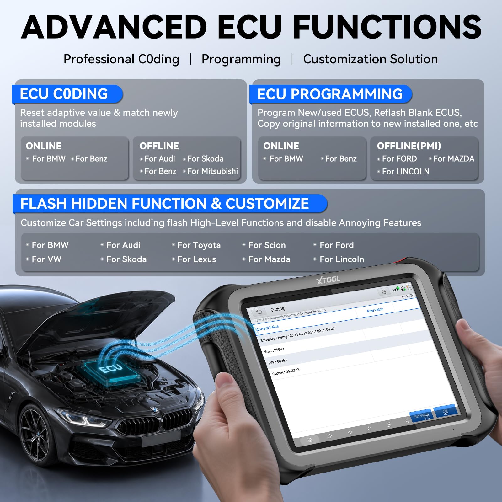 XTOOL Escáner de diagnóstico de Coche D9 de Nivel OE 2023 con actualizaciones de 3 años, mapeo de topología, codificación ECU y PMI, más de 42 reinicios, programación de Teclas, Controles