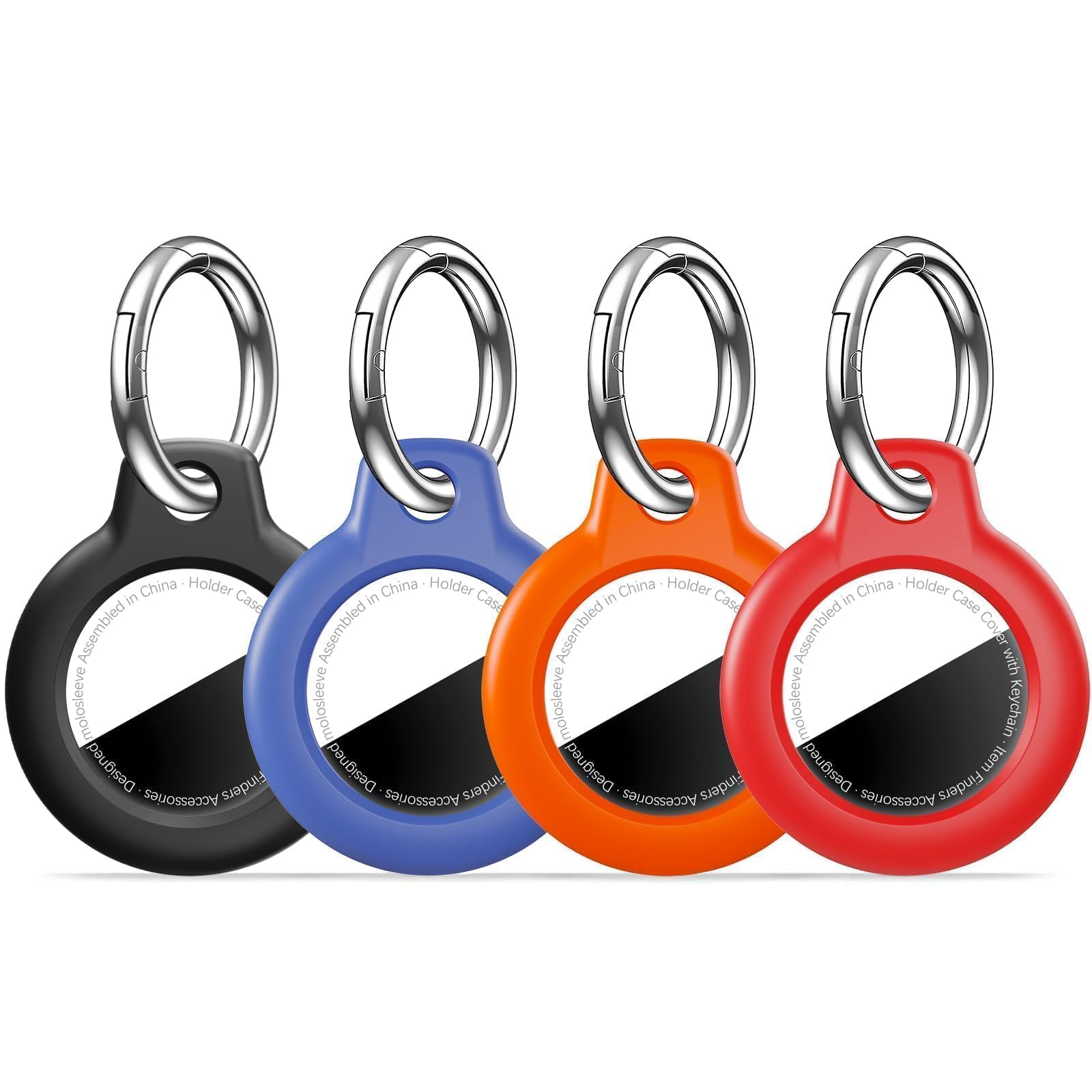 MOLOSLEEVE [4 Pack Case for AirTag 2nd Gen (2026) &amp; 1st Gen, Holder Anti-Scratch Protective Cover for Air Tags, Men's Women's Keyrings &amp; Keychains for Keys, Luggage, Black/Blue/Orange/Red