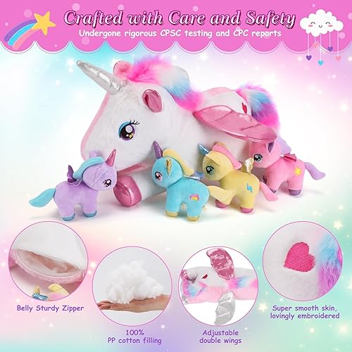 Miniatura 4 de 5 piezas de animales de peluche de unicornio, 1 unicornio de peluche para mamá con 4 bebés, regalos de unicornios para niñas de 3, 4, 5, 6, 7, 8,
